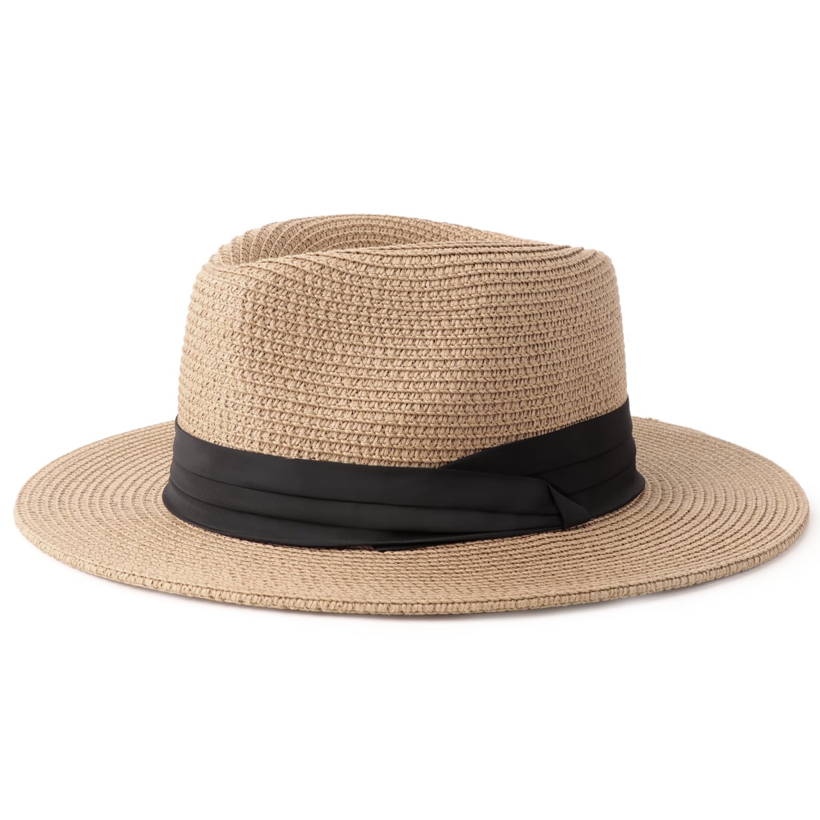 DRESHOW Women Straw Panama Hat Fedora Beach Sun Hat Wide Brim Straw Roll up Hat UPF 50+