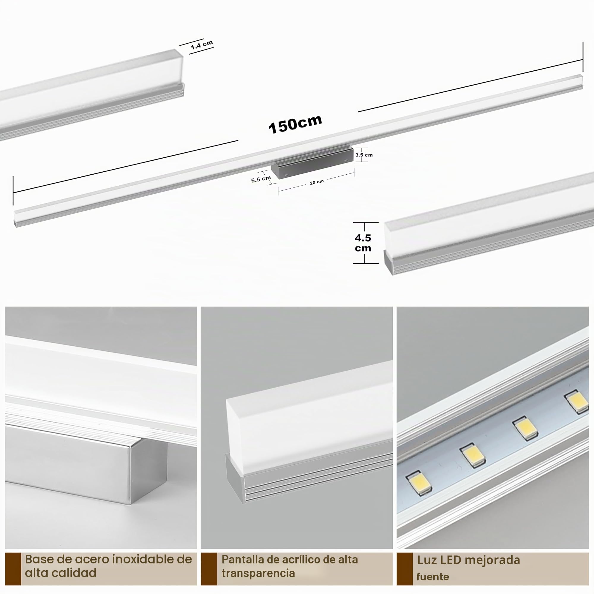 Led Aplique Espejo Baño, 150CM Luz Espejo Baño IP44 Blanco Frio 6000K Pared Luz, 36W Lampara Apliques de Para de Impermeable Plata