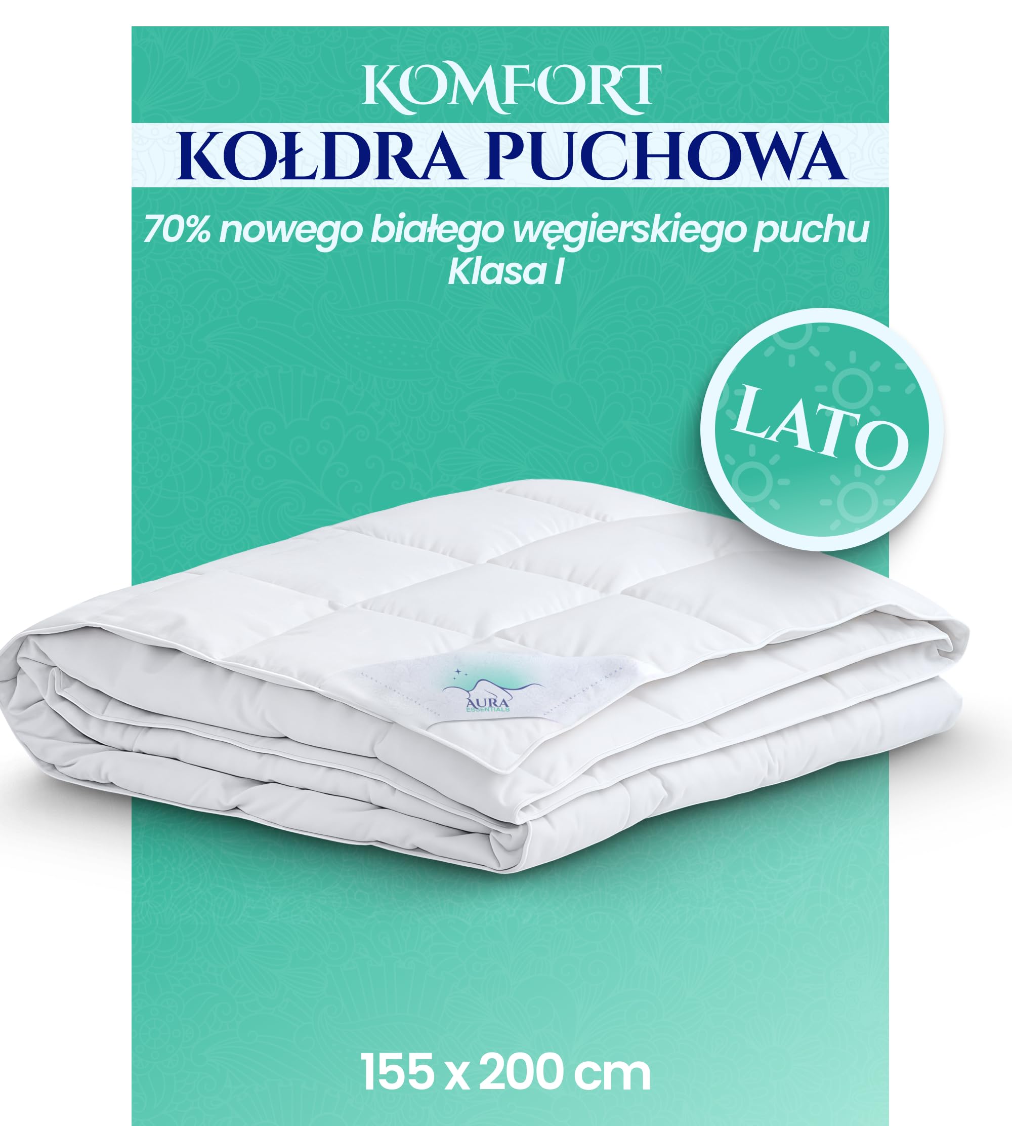 Aura® Luxury Letnia Kołdra Puchowa 155×200 cm – Comfort 70% Nowy Węgierski Puch Gęsi Klasy I – Lekka Kołdra Letnia – Oddychająca Bawełna Oeko-TEX® Standard 100 – Hipoalergiczna