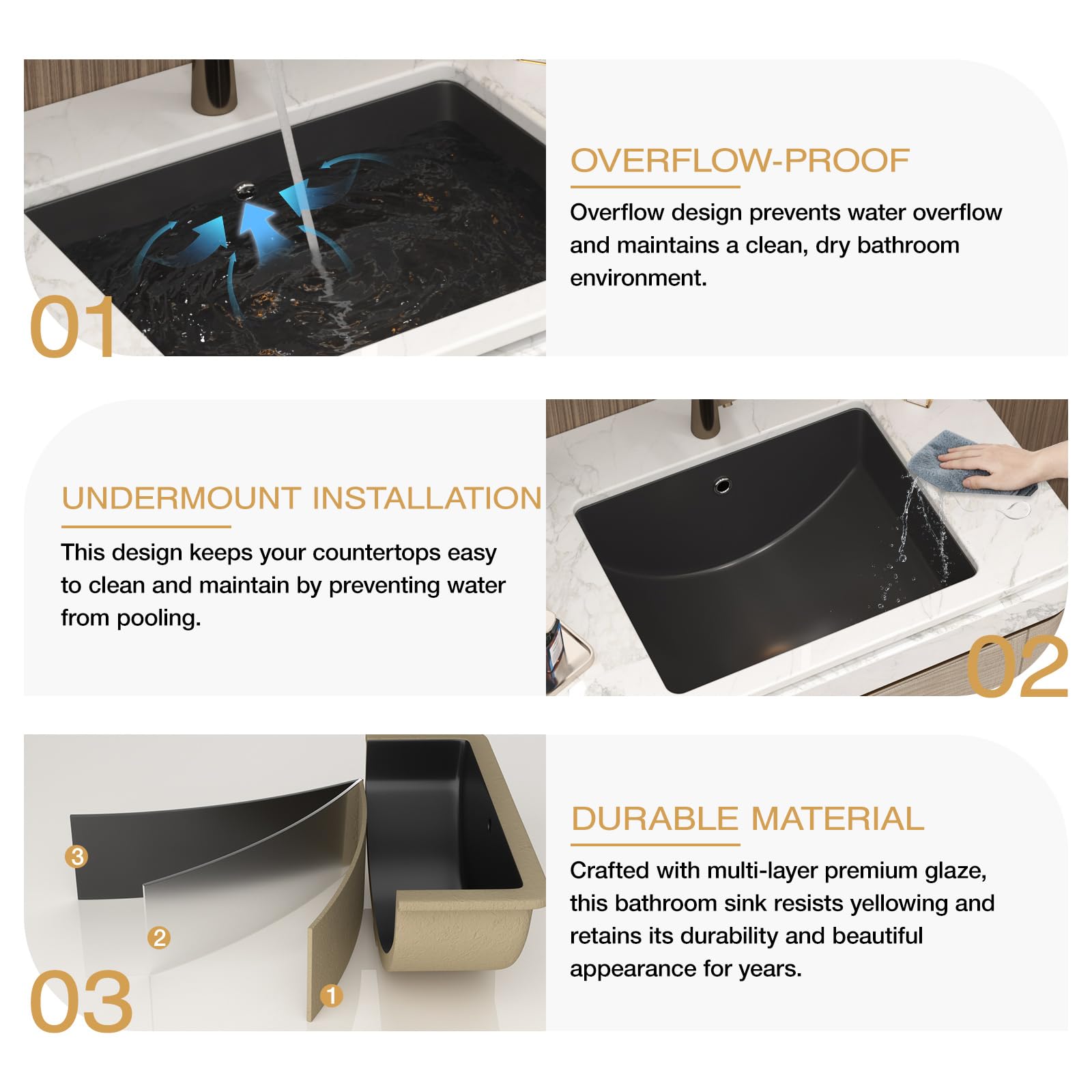 Fregadero de baño empotrado de 18 pulgadas de 18 x 14 pulgadas, rectangular, de cerámica, porcelana, bajo encimera, lavabo profundo con desbordamiento