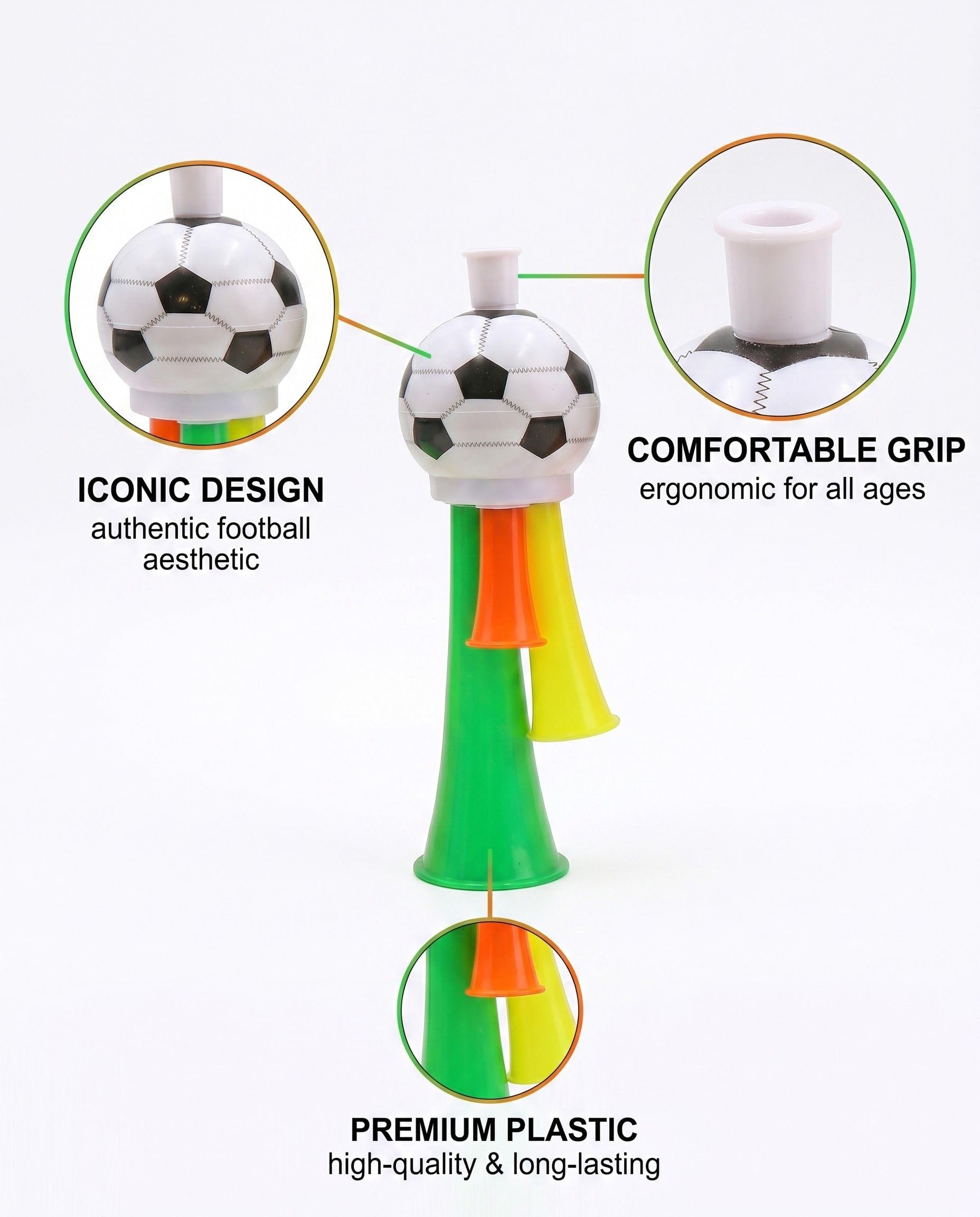 Vuvuzela 4 pièces, haut-parleur et trépied compact pour encourager le football en stade. Idéal comme fanfare pour les événements sportifs, les tournois de football et le basket-ball.