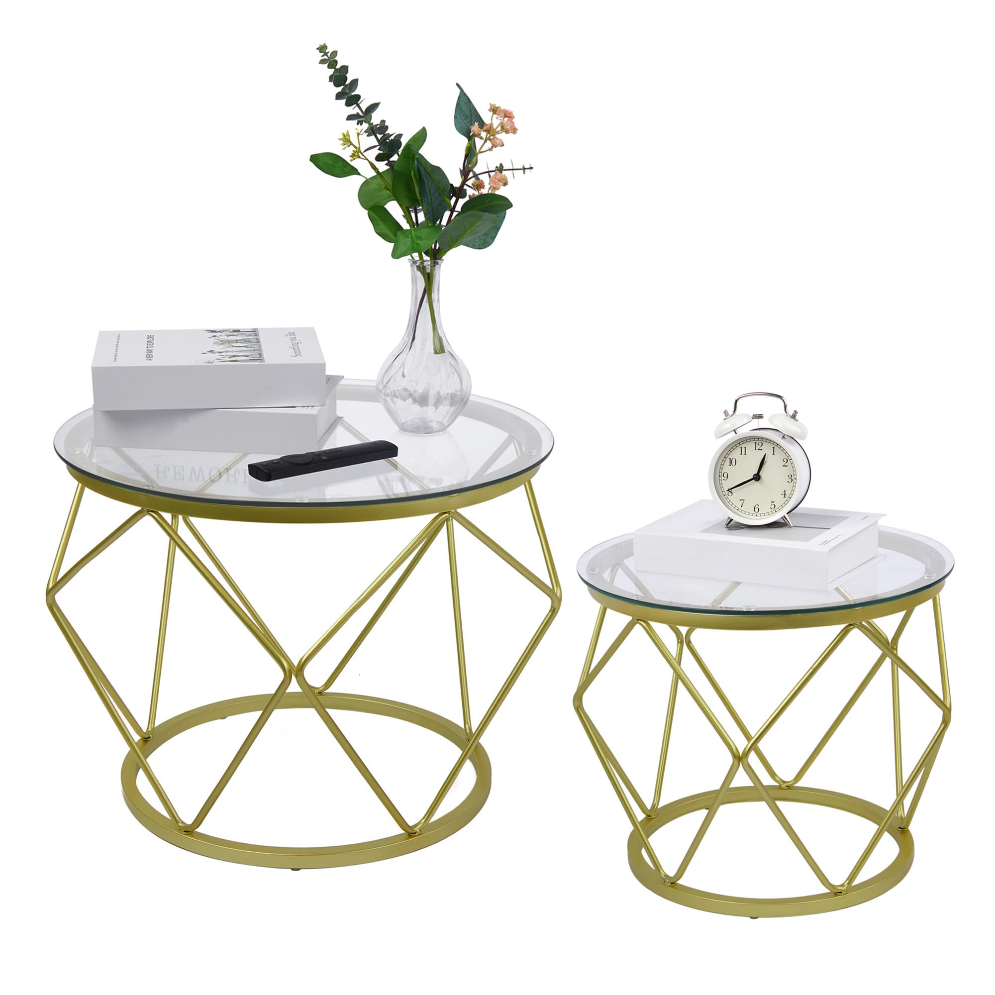 Hzuaneri Couchtisch rund, 2er Set Beistelltische, Beistelltisch-Set mit Metallrahmen, Kleiner Beistelltisch für Wohnzimmer, Schlafzimmer, Büro, Schlafzimmer, Gold 01801GCT