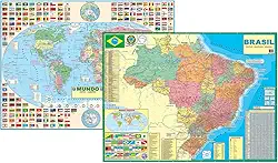 Kit Com 2 Mapas - 1 Brasil + 1 Mundi Político 120 x 90 cm