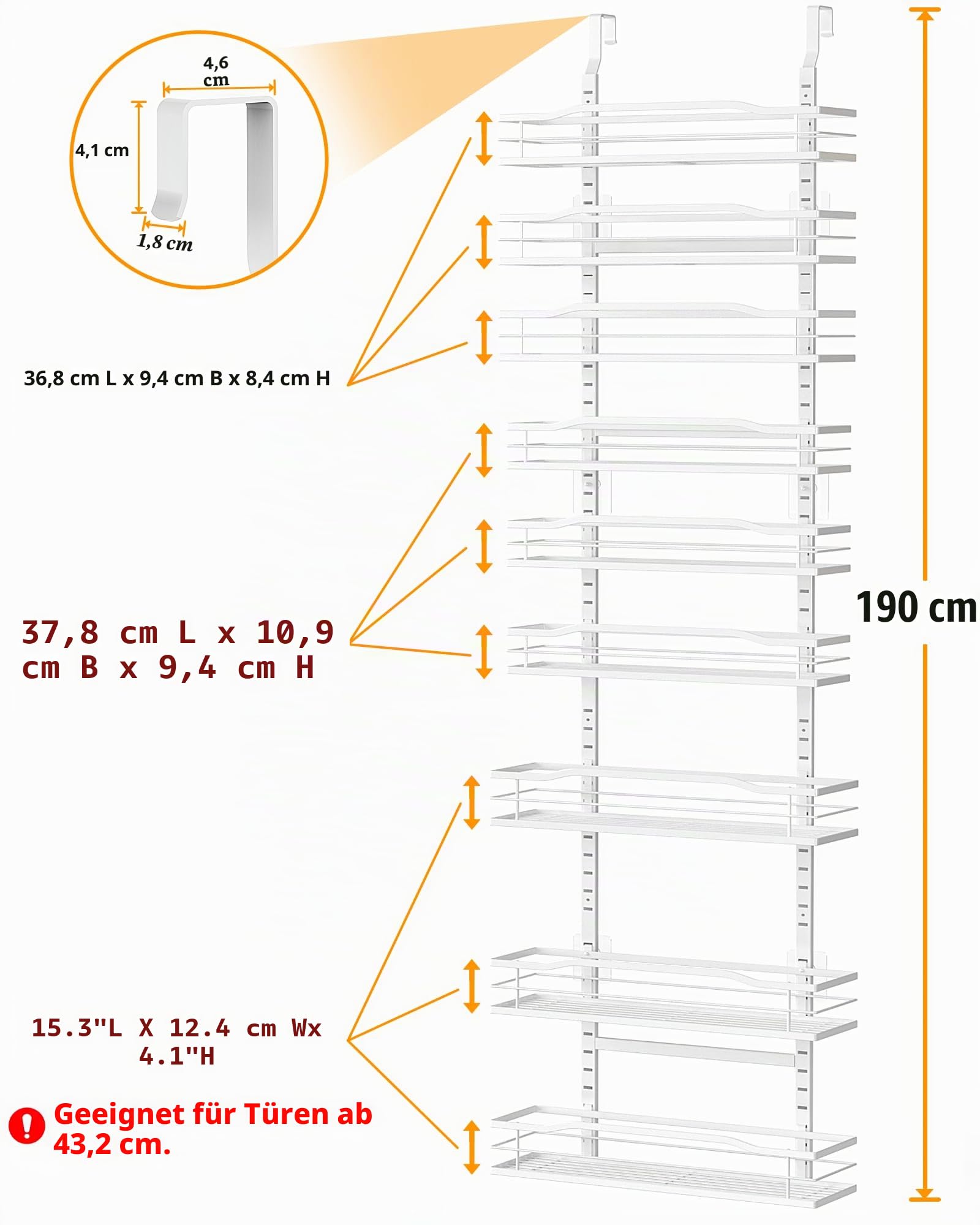 Moforoco roco Weißer 9-stöckiger Organizer für Speisekammer, Speisekammer-Organisation und Aufbewahrung, Metall-Gewürzregal, zum Aufhängen, für Tür, Zuhause und Küche, Essentials, Waschküche,
