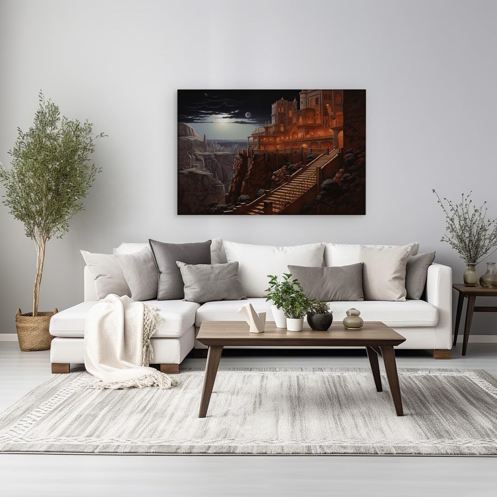 Canvas for Living room. Majestic Heights: The Enigmatic Palace Under the Moonlit Sky, 27 x 18 inch Canvas Wall Art - Modern Home Decor - 69x46 cm (27x18 inch)