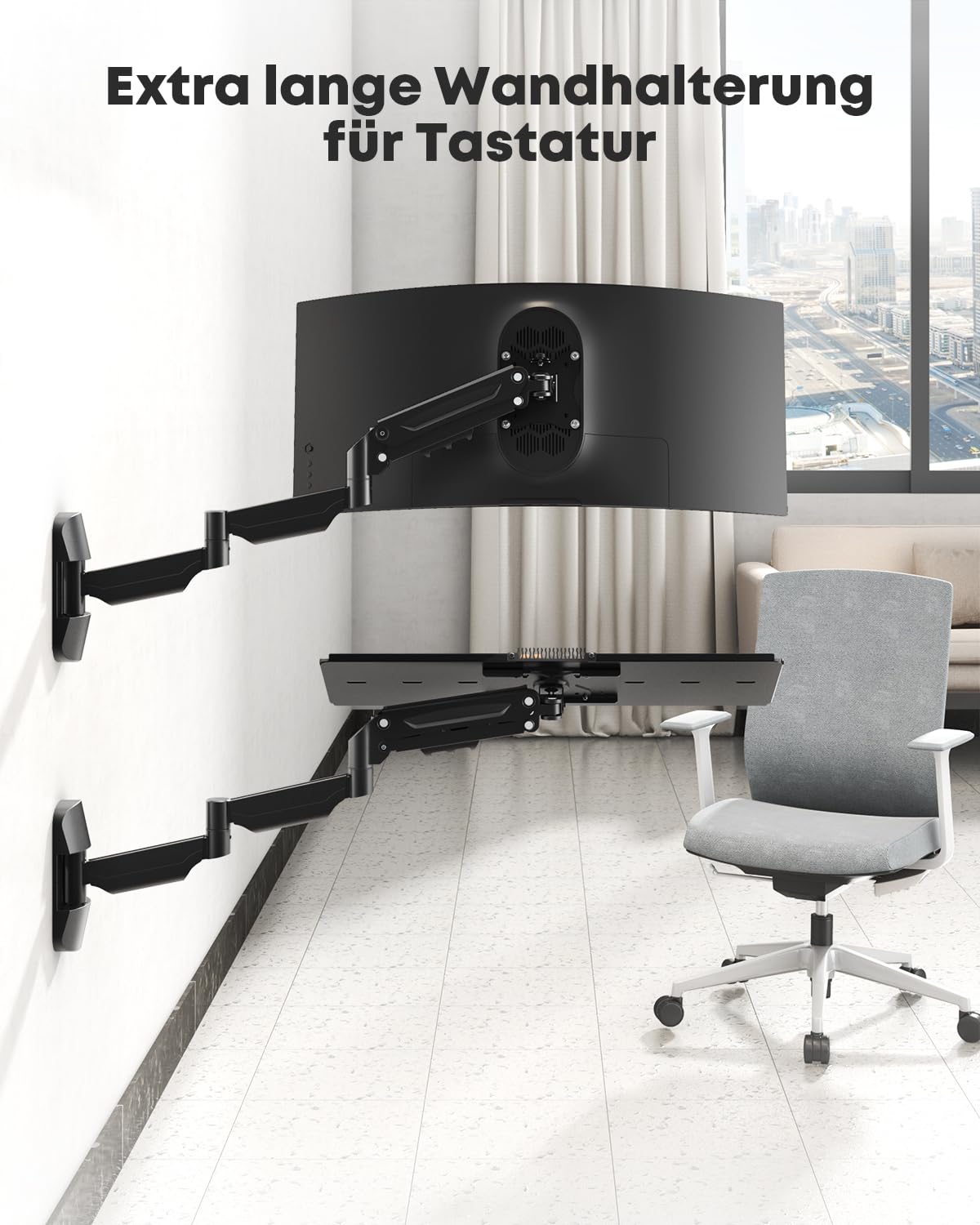 Extra Langes Wandhalterung Tastaturablage 65,4cm – Vollbewegliche Schreibplattform mit Gasfederarm, Schwenkbar & Höhenverstellbar, Tragfähigkeit bis 9 kg, Schwarz