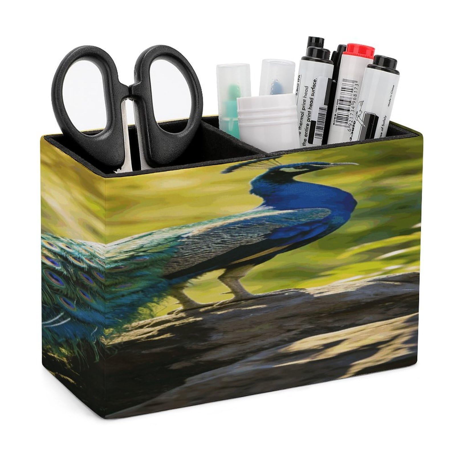 LZQPOEAS Beautiful Peacock Pen Holder Double Compartments Pen Cup Makeup Brush Holders Leather Pencil Holder Locker Organizer for Work Locker Accessories Modern Pencil Cup for Desk