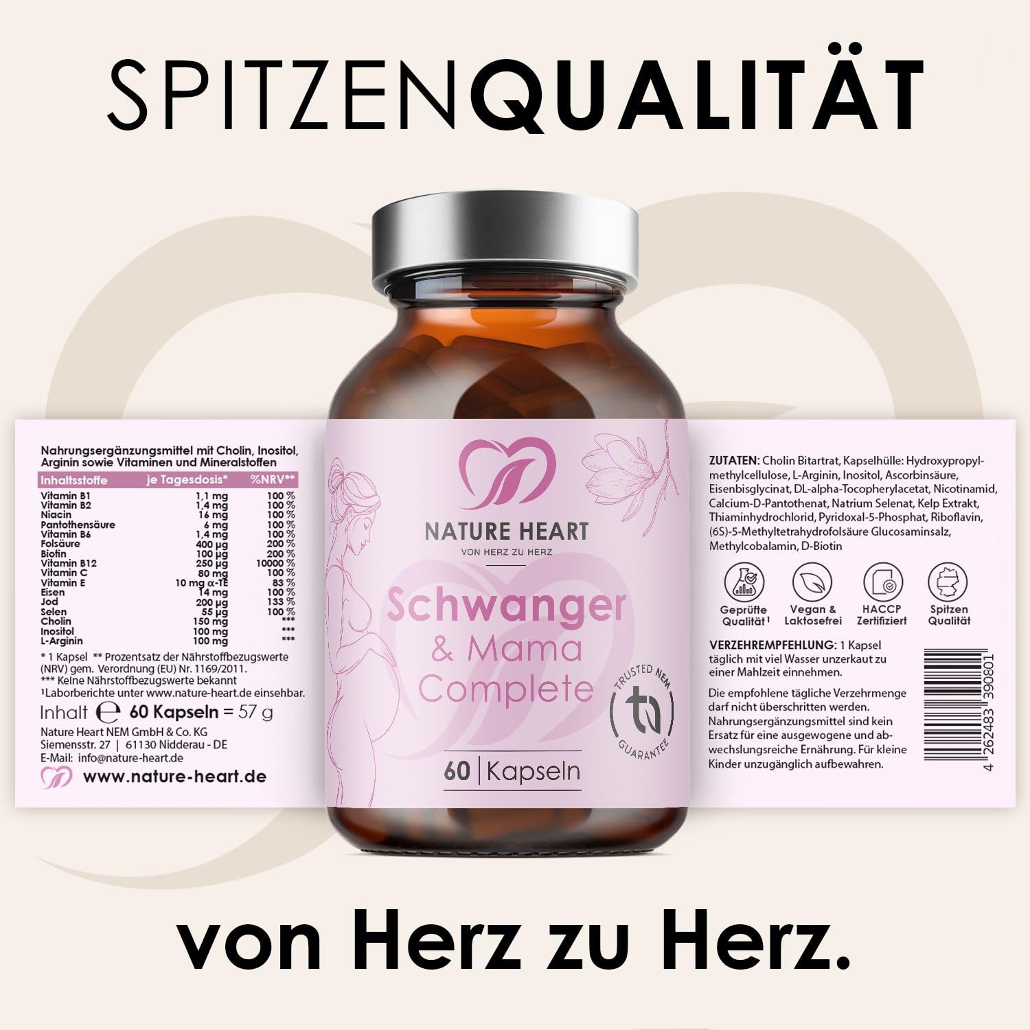 Nature Heart Schwanger & Mama Complete 60 Kapseln | Mit Folat, Eisen, Jod, Cholin & Vitaminen, Vegan, Für Kinderwunsch, Schwangerschaft & Stillzeit