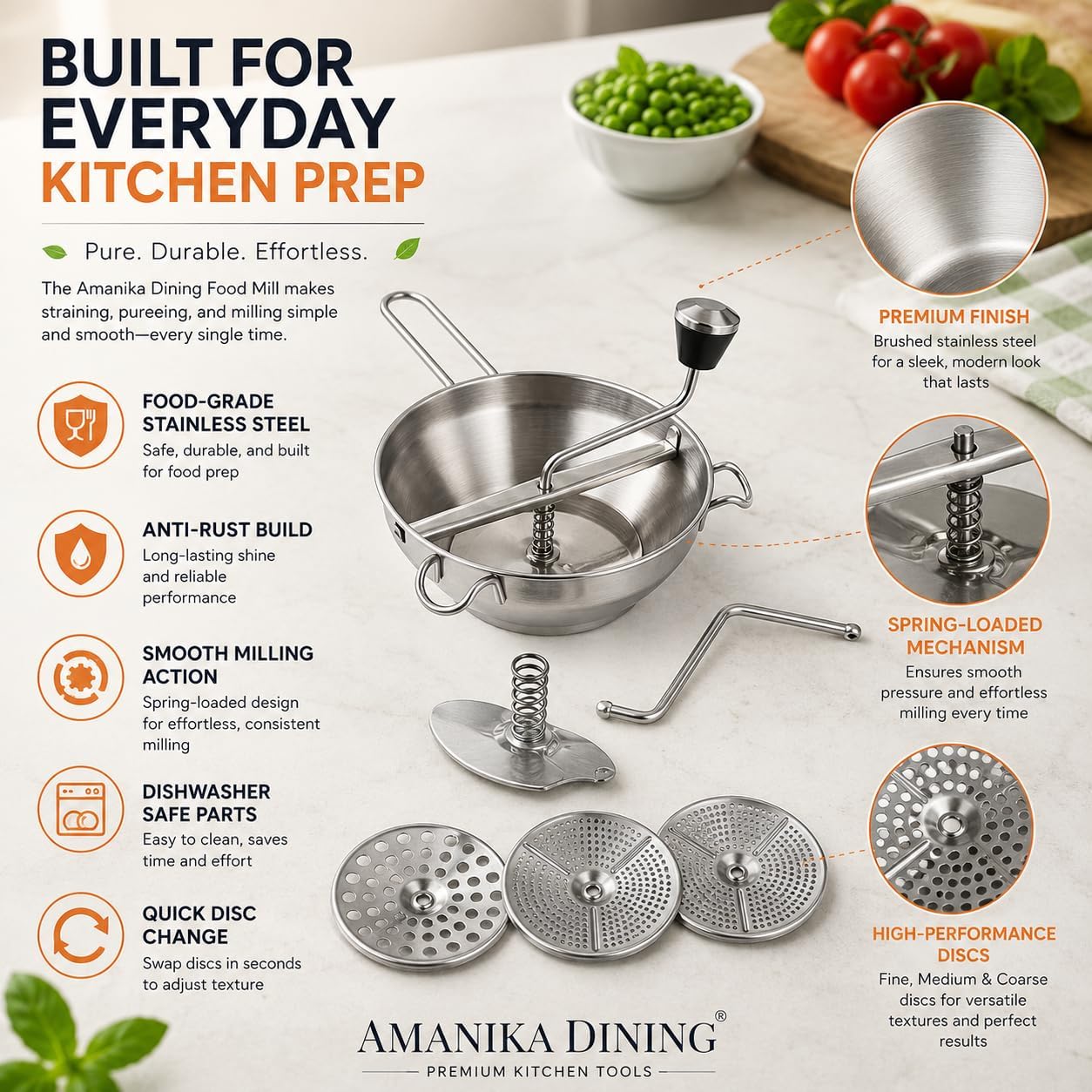 Food Mill Stainless Steel, 2 Qt Manual Food Mill with 3 Discs, Ergonomic Hand Crank, Baby Food Maker & Potato Ricer Stainless Steel for Tomato Sauce, Applesauce, Mashed Potatoes, Purees & canning