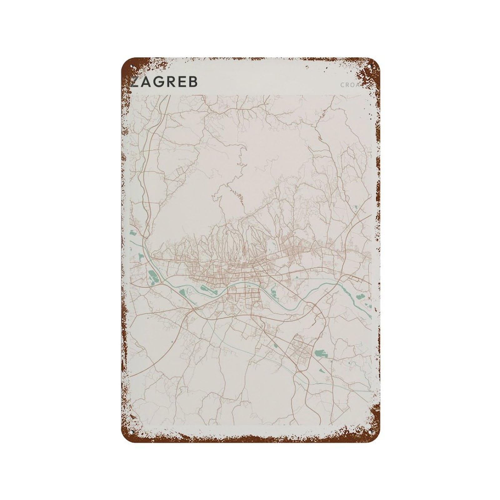 xiaoxiaoshen Zagreb Map Croatia Travel Gift Farmhouse Decor Wall Decor Art Metal Tin Poster Modern Home Decor Art Home Bar Shop Decorations Vintage Sign 30x20cm