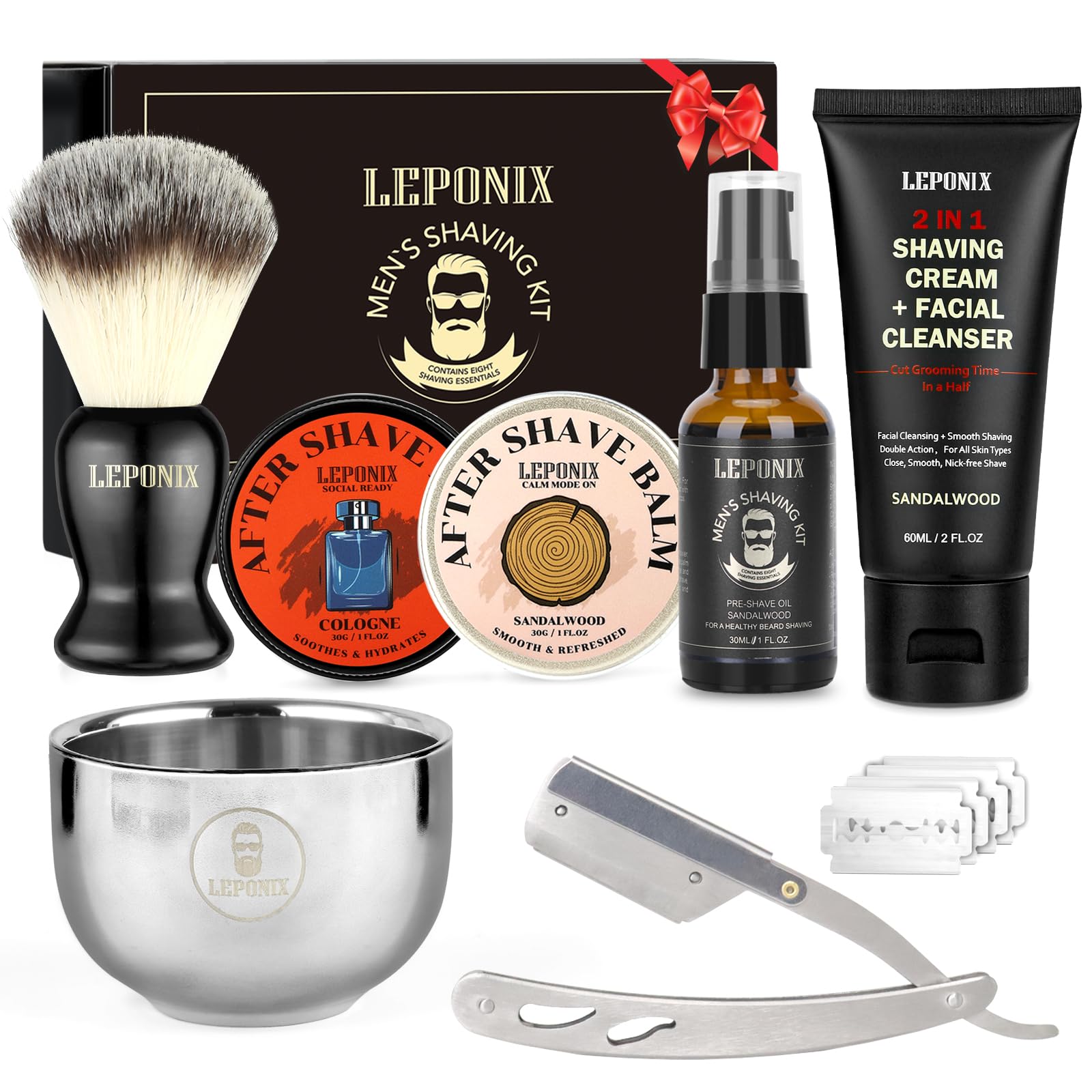 LEPONIX Shaving Kit for Men with Straight Razor Shaving Brush and Bowl Sandalwood