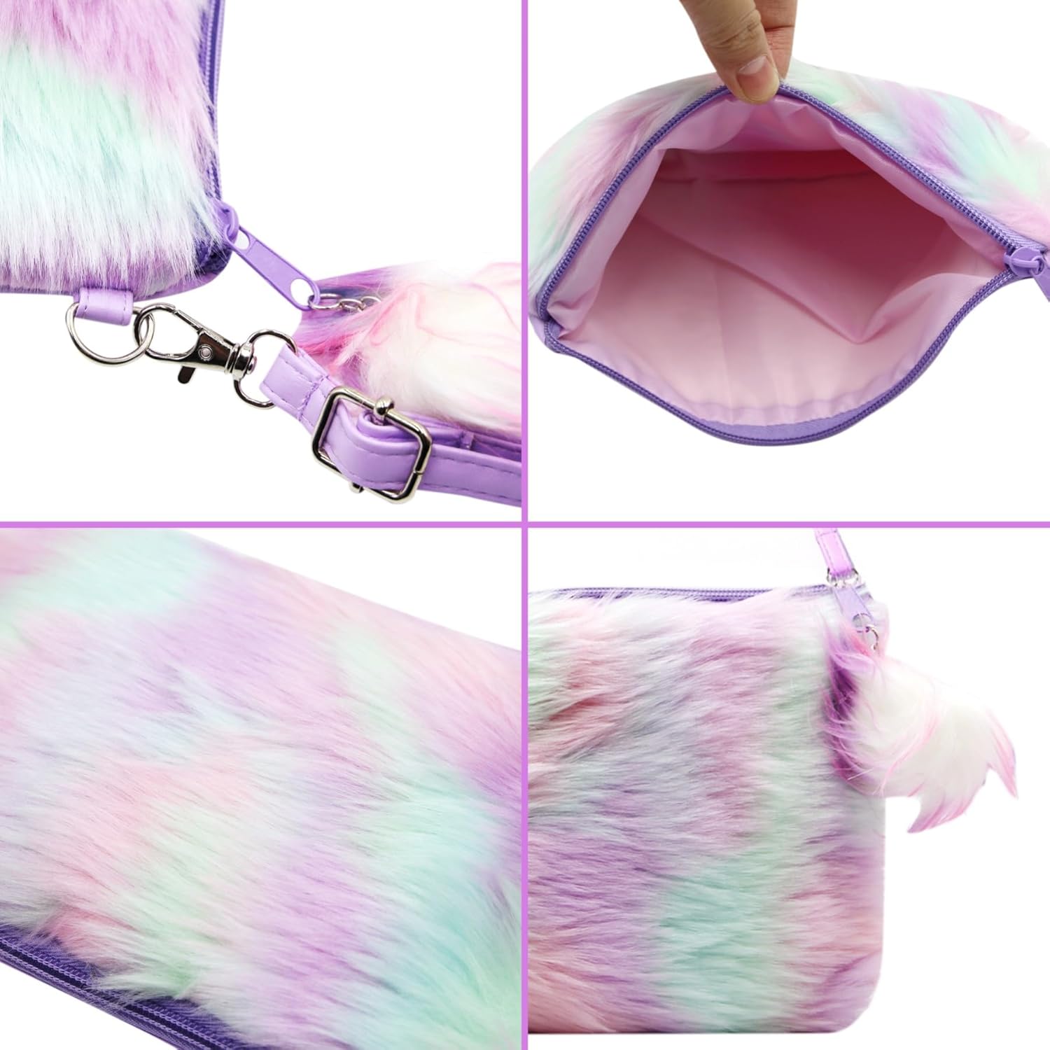 JUMISEE Fluffy Faux Fur Crossbody Purse for Kids Girls Women Tie Dye Rainbow Shoulder Bag Handbag Wallet - Image 7
