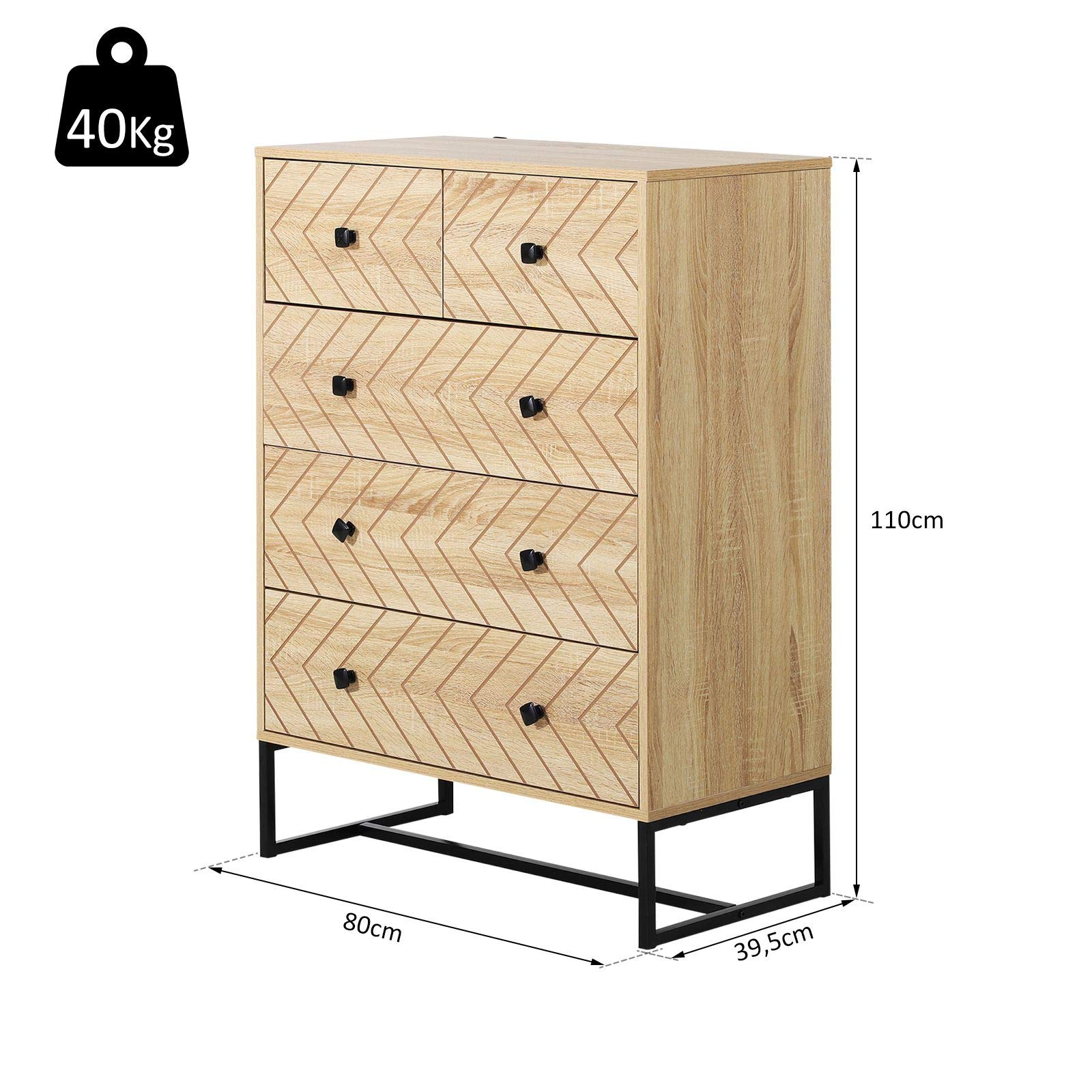 HOMCOM Armario Auxiliar Cómoda Cajonera 5 Cajones 80x39,5x110cm | Mesilla de Noche, Organizador, Almacenaje, Oficina