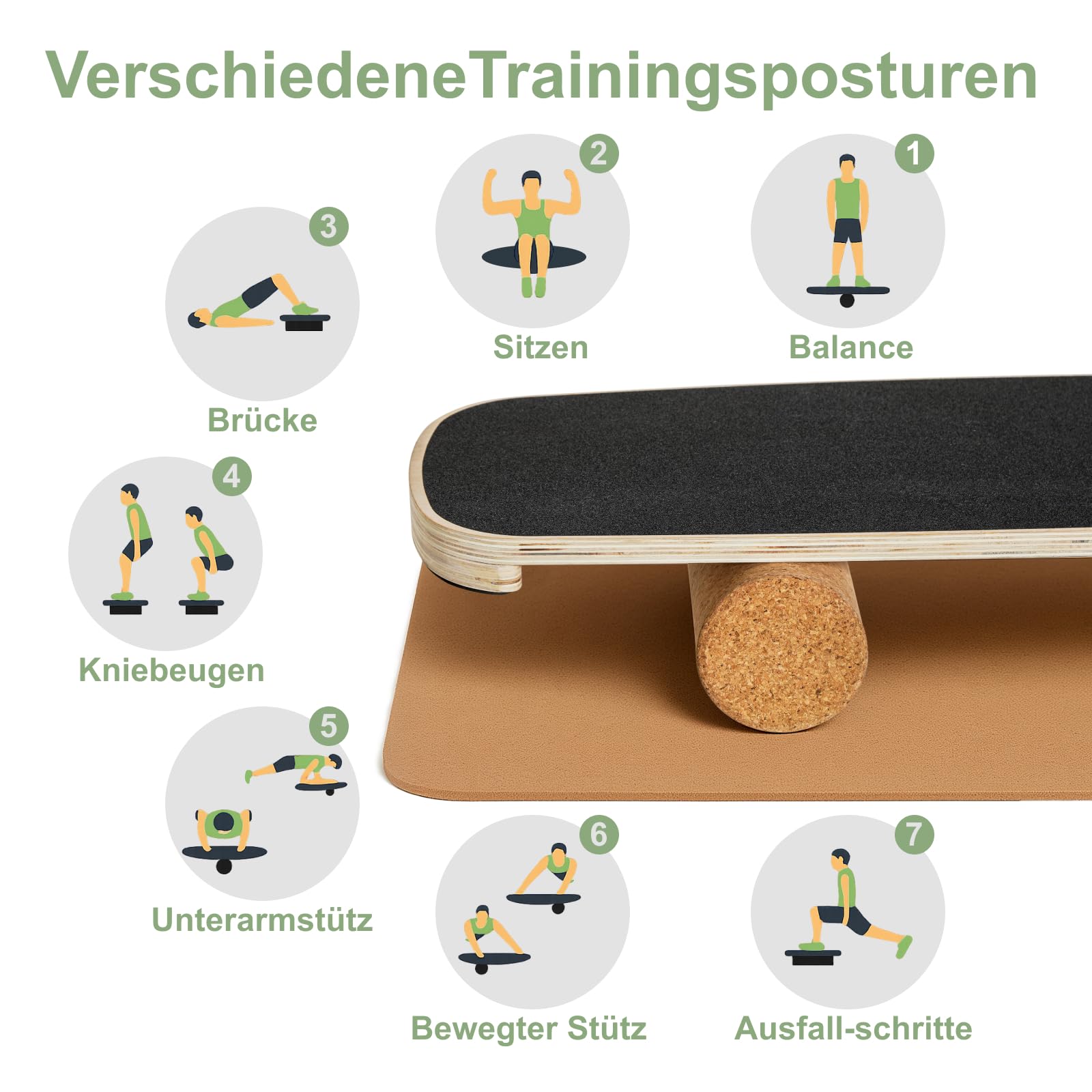HOKO Balance Board aus Birkenholz mit Korkrolle – Gleichgewichtstrainer Perfekt für Fitness und Sport, Wackelbrett mit Anti-Rutsch Oberfläche, bis 160 kg belastbar