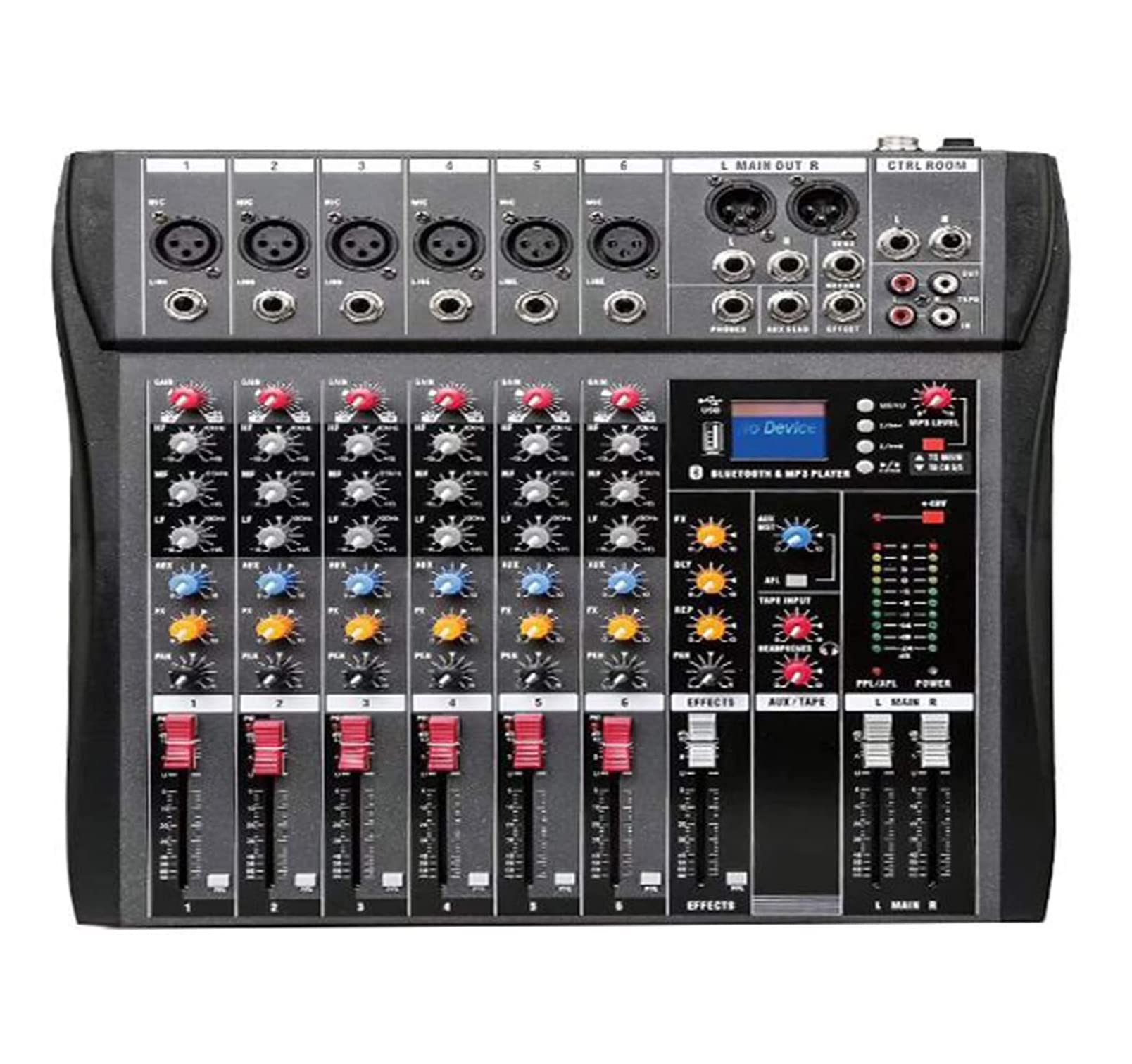Studio Mixing Desks, 6 Channel Audio Mixer Live Mixers, Professional Studio Audio Sound Mixing Console Bluetooth USB Record Computer Playback Power Effect.