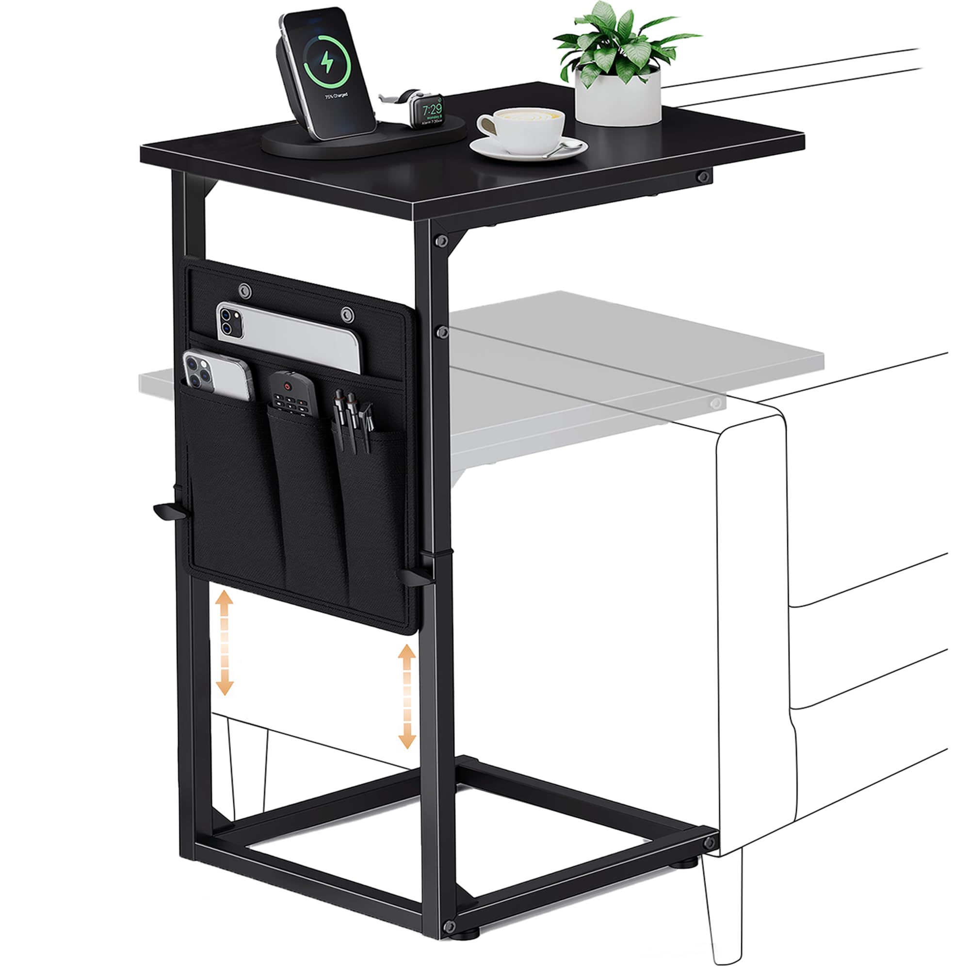 Vagusicc C-Shaped Side Table, Height Adjustable Sofa Side Table, Bedside Table with Cloth Storage Bag, C Tables End Table for Small Spaces, TV Tray Table Coffee Table for Living Room, Bedroom, Black — image 1