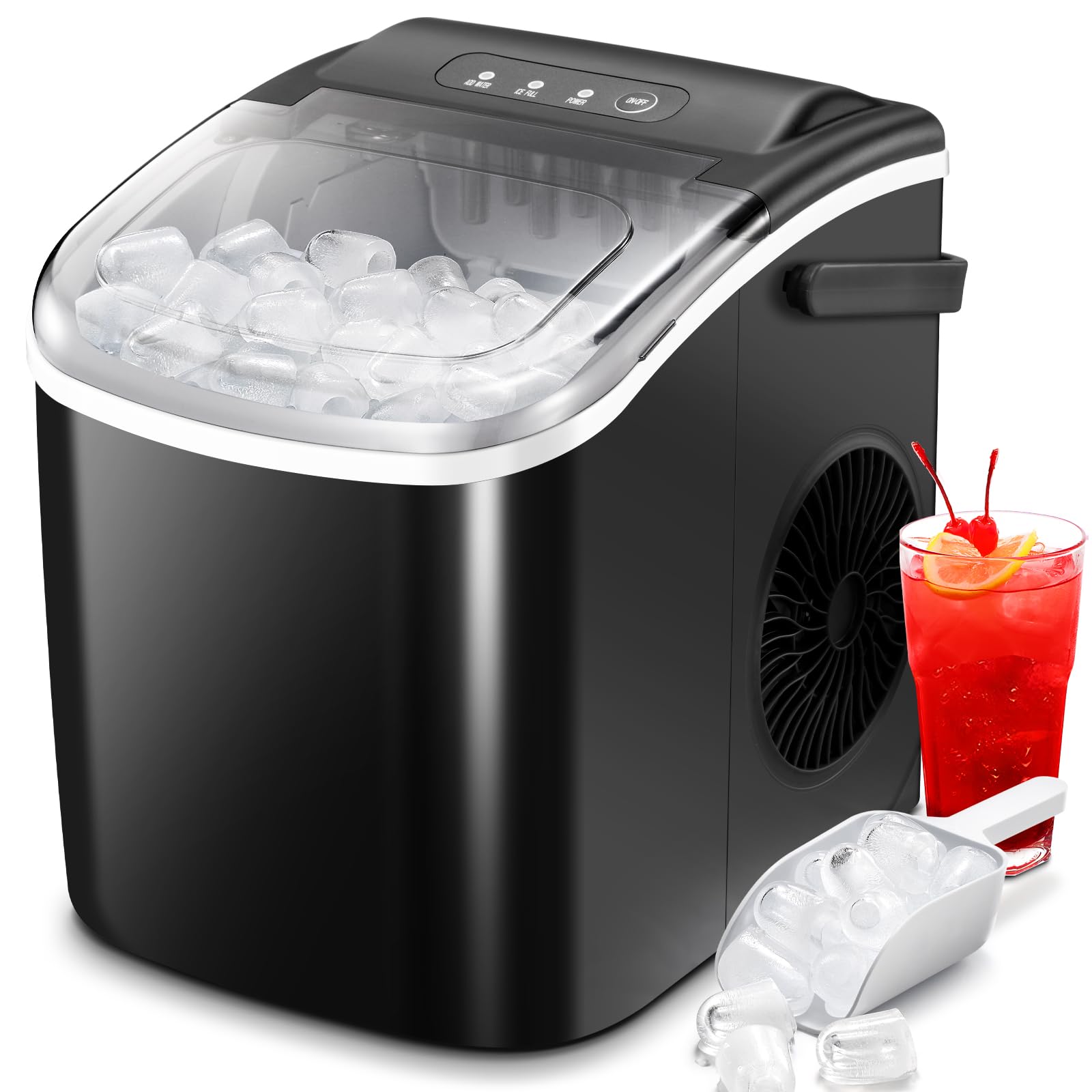 Ice Makers Countertop with Self-Cleaning, 26.5Lbs/24Hrs, 9 Cubes Ice Ready in 6 Mins, Portable Ice Maker with Ice Scoop/Basket for Home/Kitchen/Office/Bar, Black(with Handle)