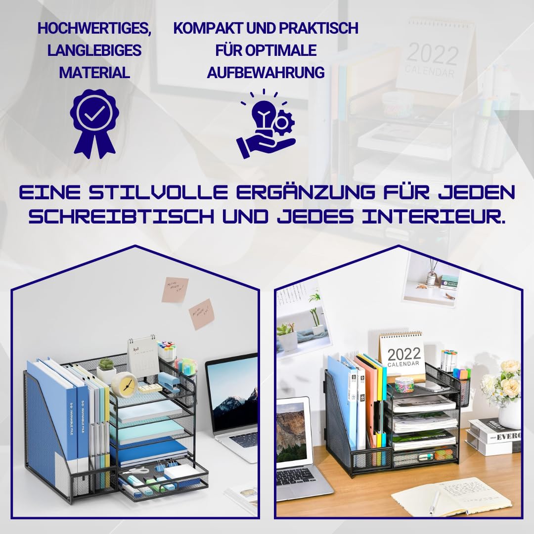 Lukana Schreibtisch Organizer mit 5 Ablagen – Briefablage, Stiftehalter & Schublade – Büro Organizer aus Metall Mesh – Dokumentenablage A4 – Platzsparend Schwarz