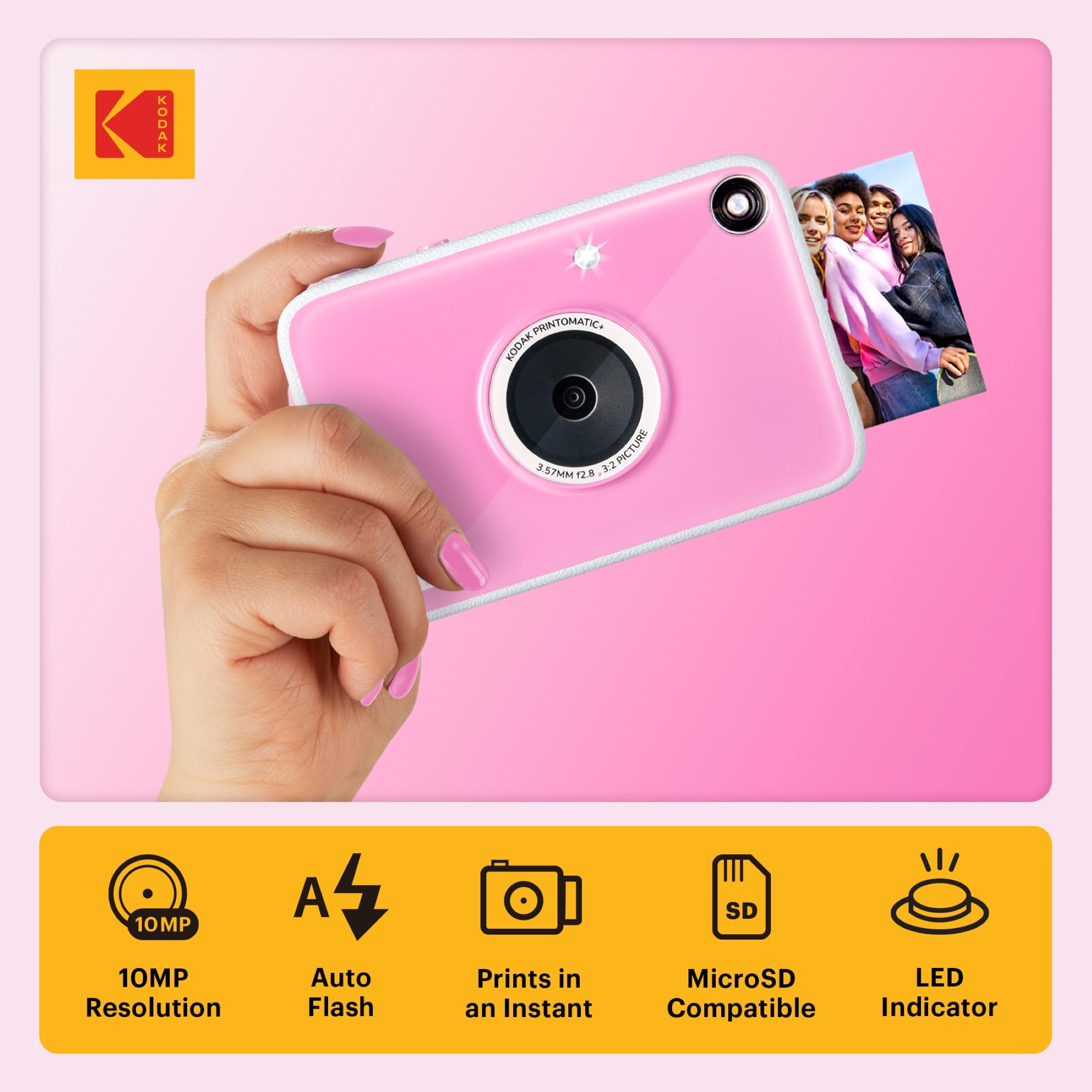 Kodak Printomatic+ Cámara Digital Instantánea 10MP con LED RGB, Imprime Fotos a Color en Papel Zink 2x3” – Rosa