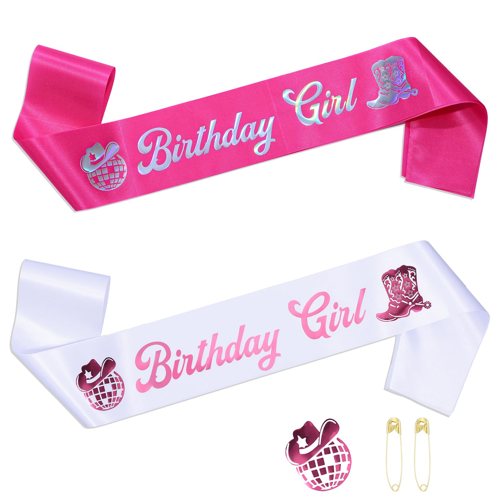 Heclia Birthday Girl Sash for Women Disco Cowgirl Happy Birthday Sash with Iridescent Foil Western Cow Theme Party Decorations Bachelorette Sashes for Sweet 16, 18th 21st 30th 40th 50th, Pink & White