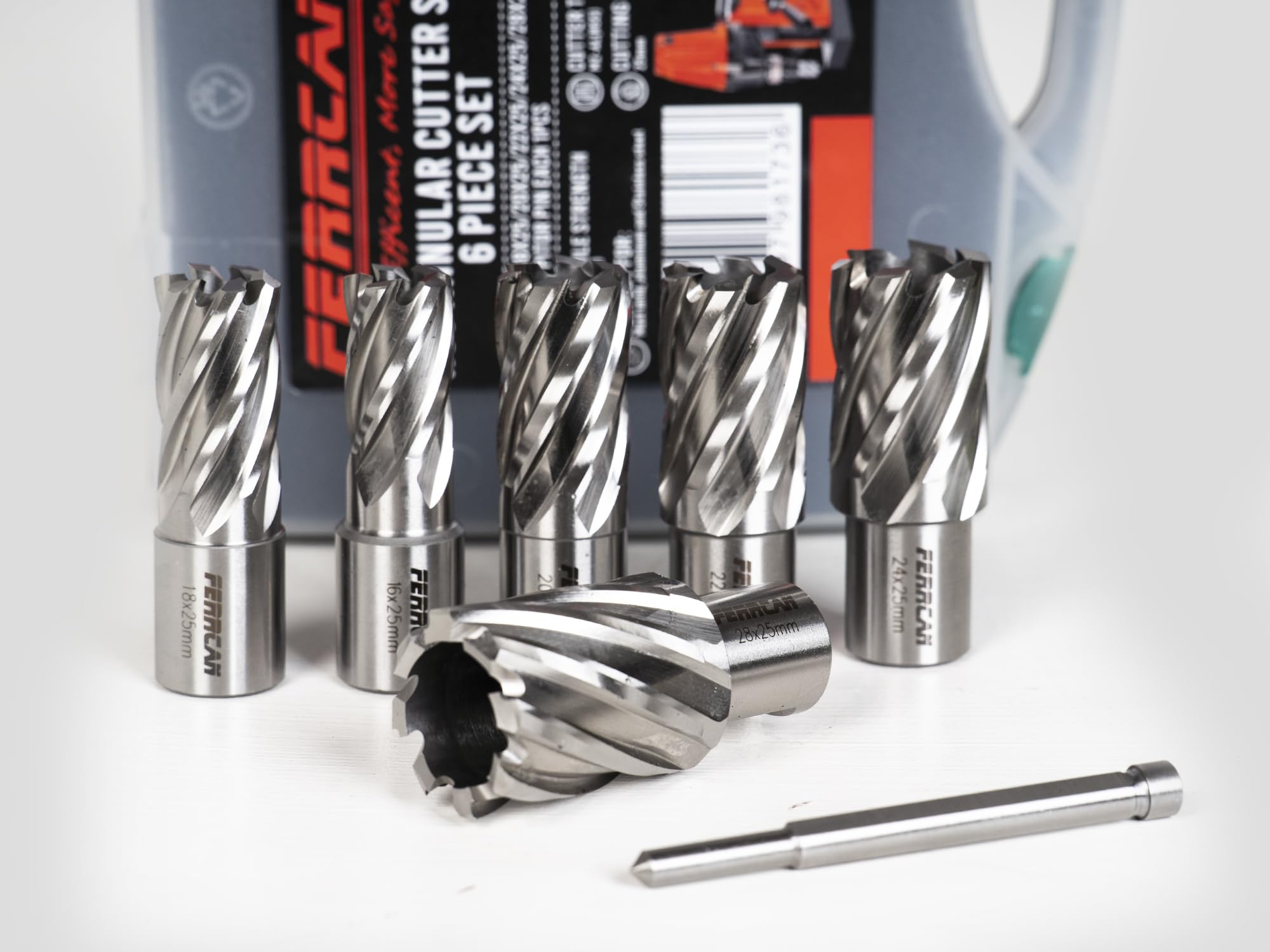 Maletín de 6 brocas huecas HHS Ferrcan, para perforación de metales vástago weldon de 16,18,20,22,24 y 28mm con profundidad de 25mm.