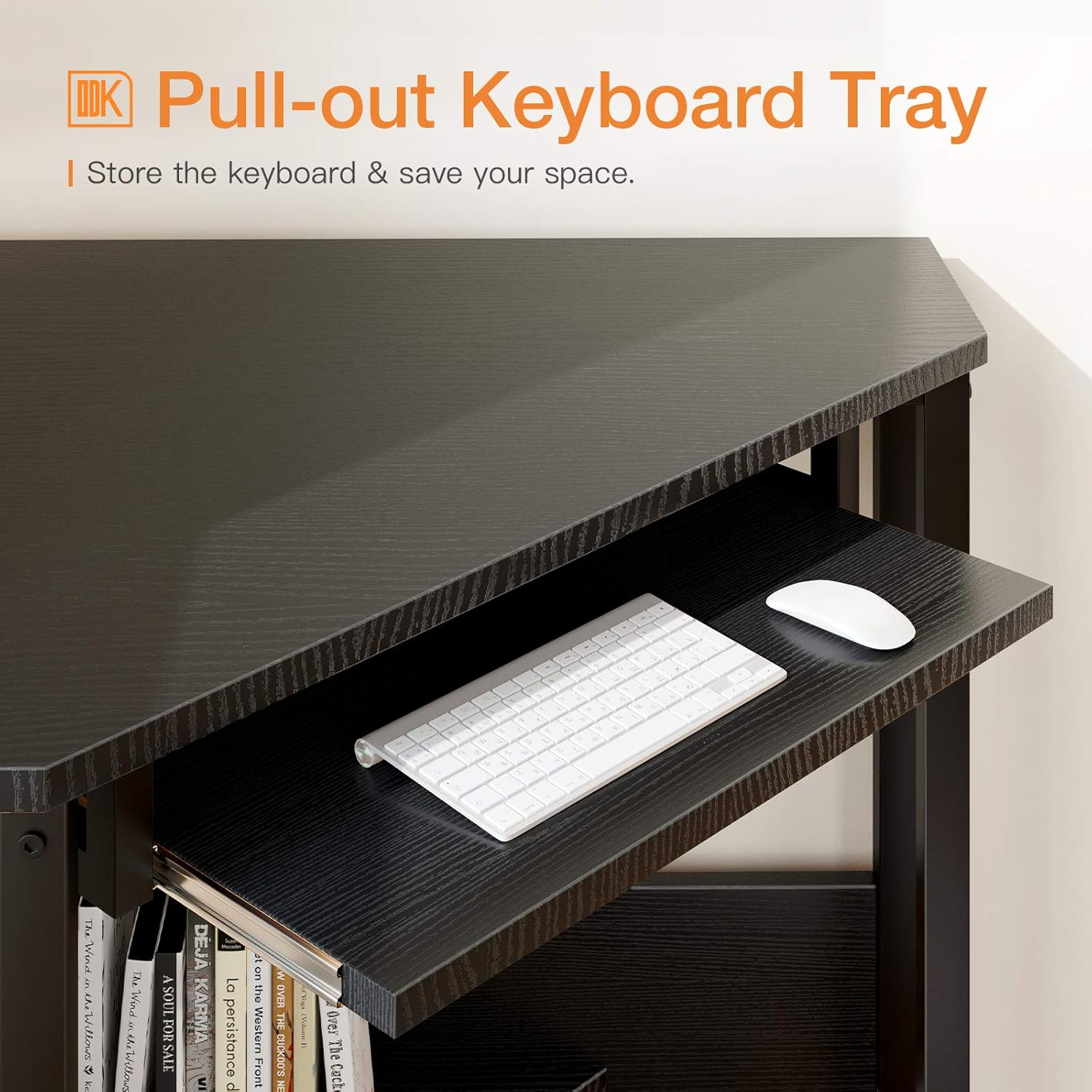 Close-up of the ODK Corner Desk's pull-out keyboard tray with a keyboard and mouse
