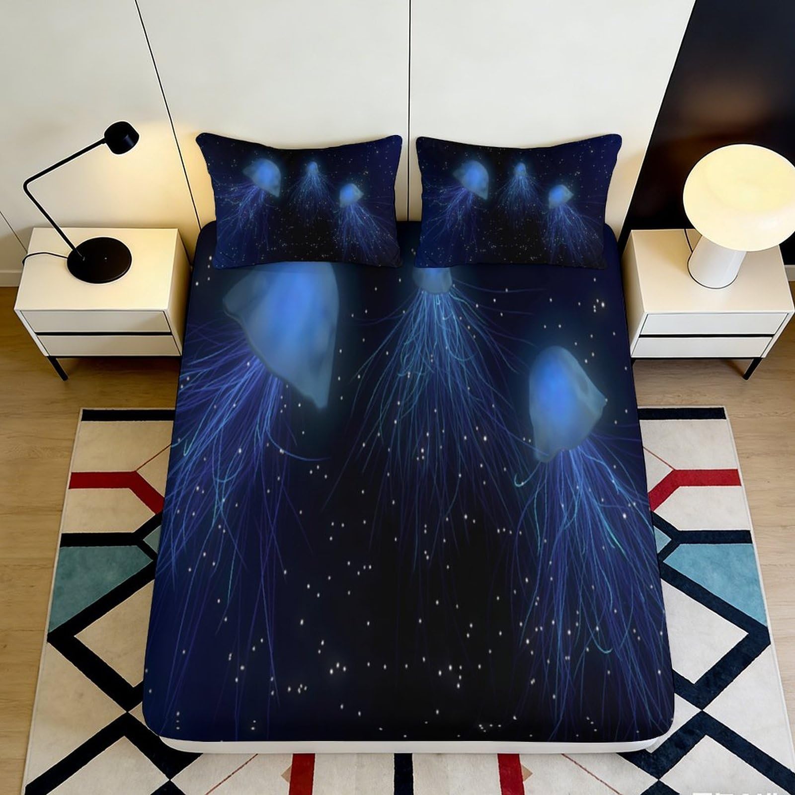Pnayamiorkfel Style-6 3D Printed Deep Sea Jellyfish Fitted Sheet Microfiber Soft Dark Blue Night Ocean Mattress Cover Bedroom Decor 90X200x25cm