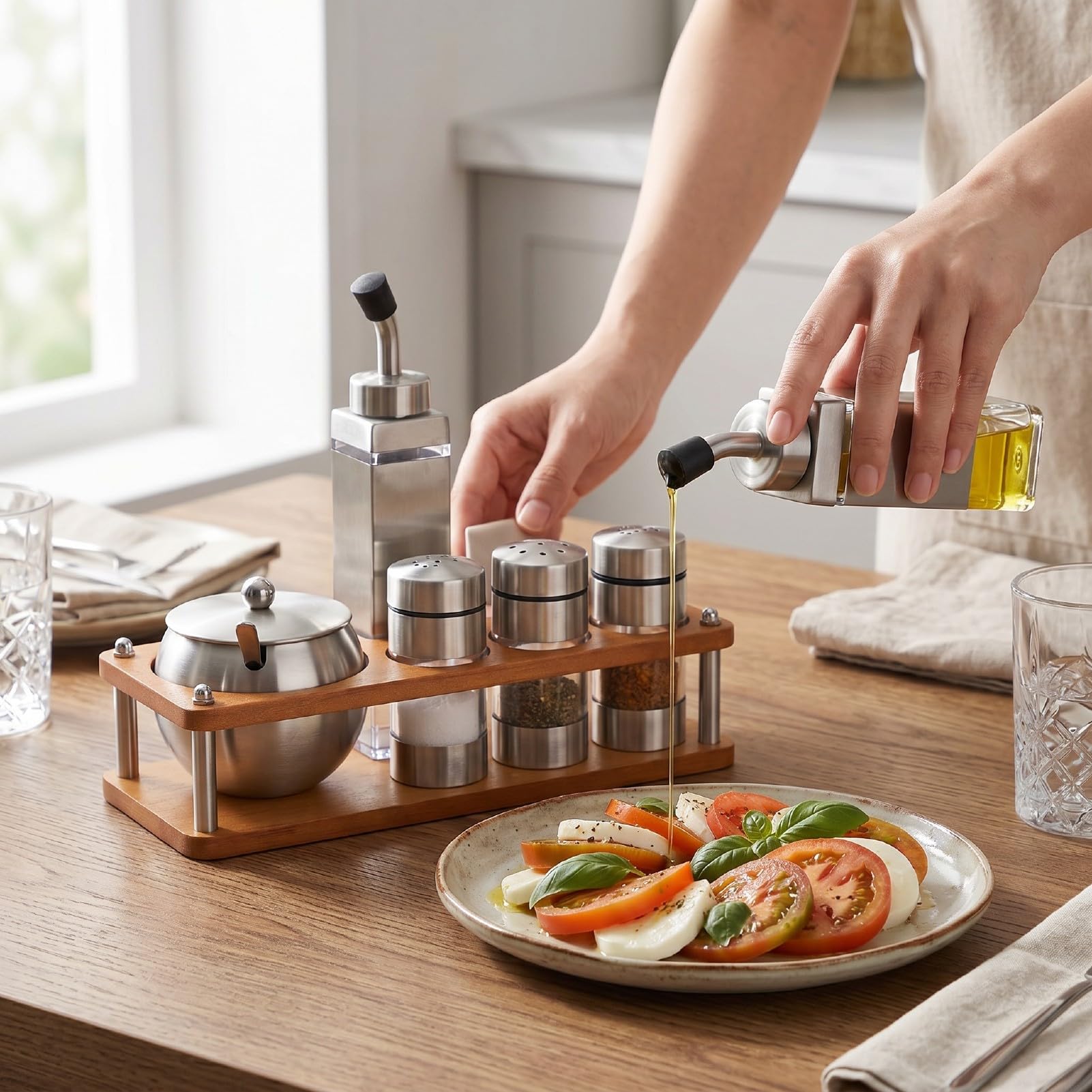 banapoy Set di Barattoli per Condimenti in Acciaio Inossidabile per Uso Alimentare con Supporto in Legno e Coperchi di Chiusura, per Cucinare in con Aceto, Olio e Sale