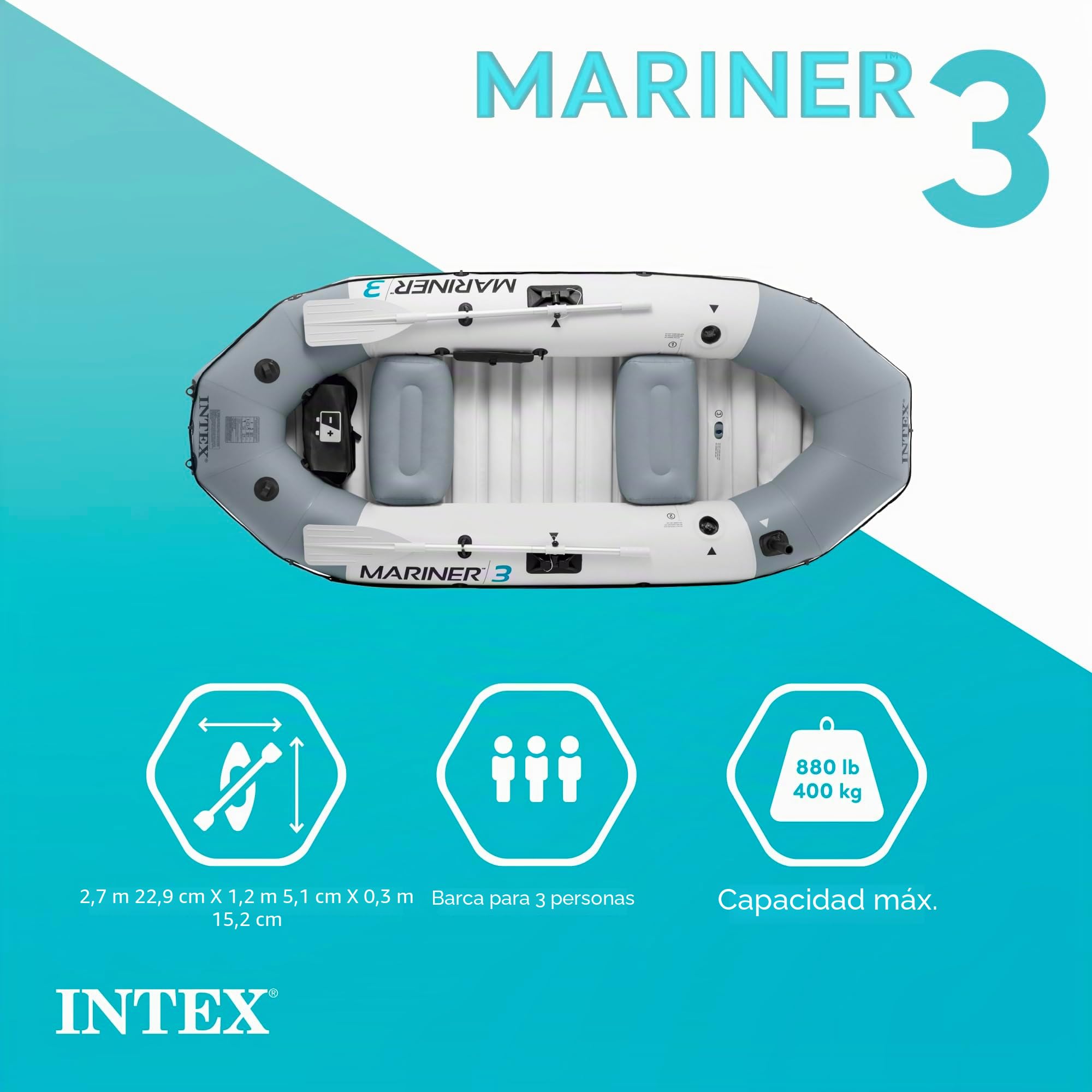 Intex Mariner - Juego de Barco Inflable para 3 Personas con remos de Aluminio y Bomba de Aire de Alta Salida (último Modelo)
