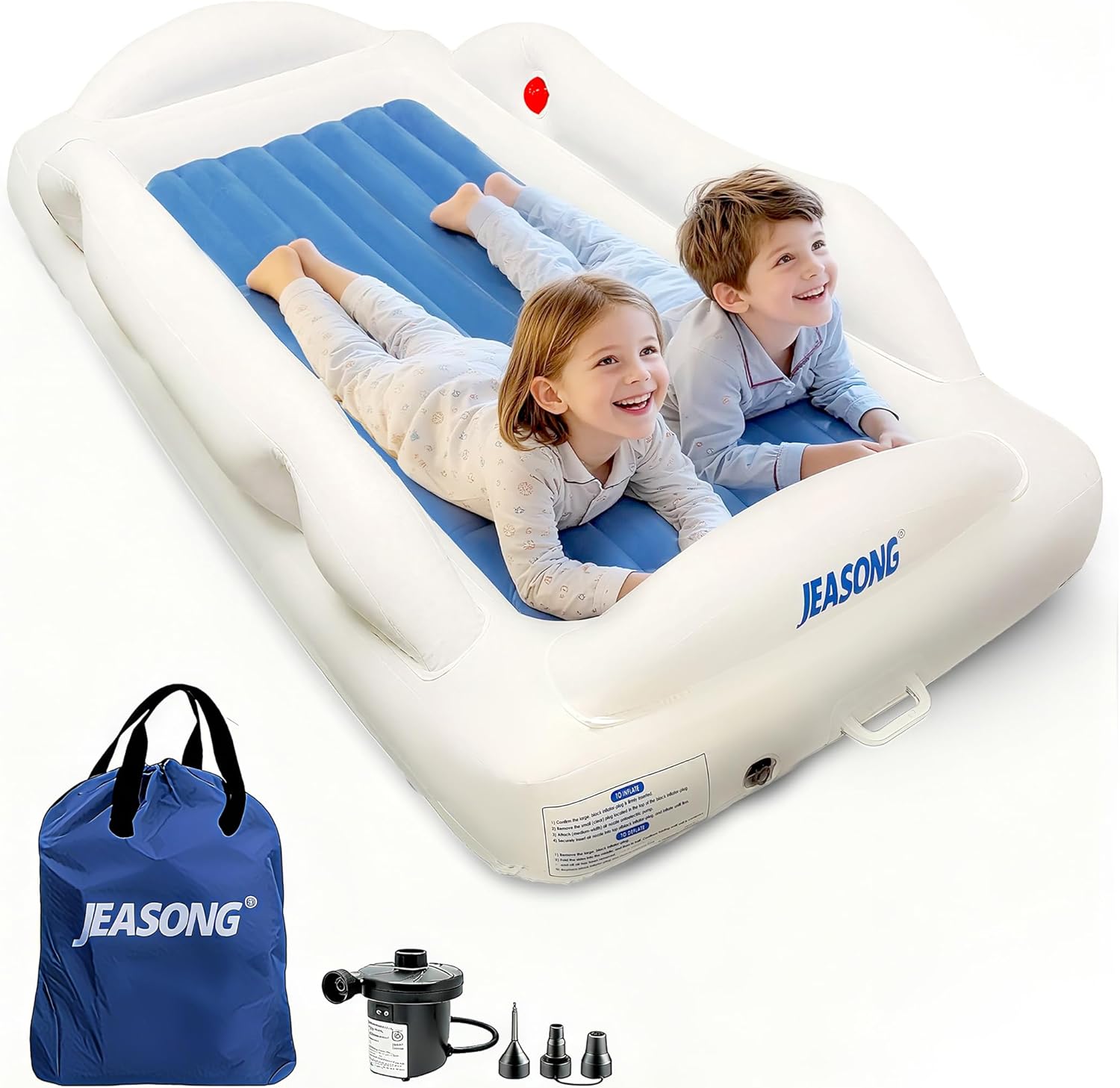 JEASONG Portable Inflatable Toddler Kid Bed with 4 Safety Sides – Air Mattress Electric Pump for Camping, Sleepovers and Home and Travel Use, Compact Crib Sleep Solution – Blue