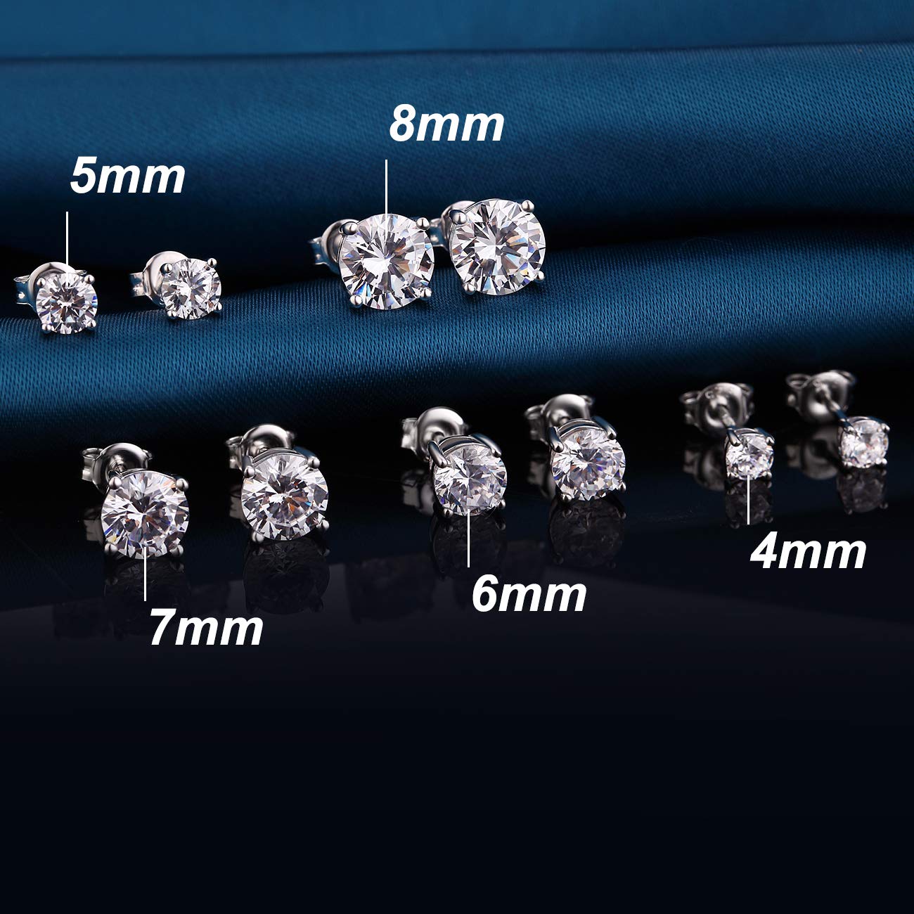 Miaofu Orecchini 18k Oro Bianco Placcata Orecchini 925 Argento Sterlina Zirconi Simulato Diamante Brillanti per Donna Uomo 4-8mm I Orecchini Zirconi Cubica Swarovski Dimensioni 3mm-8mm