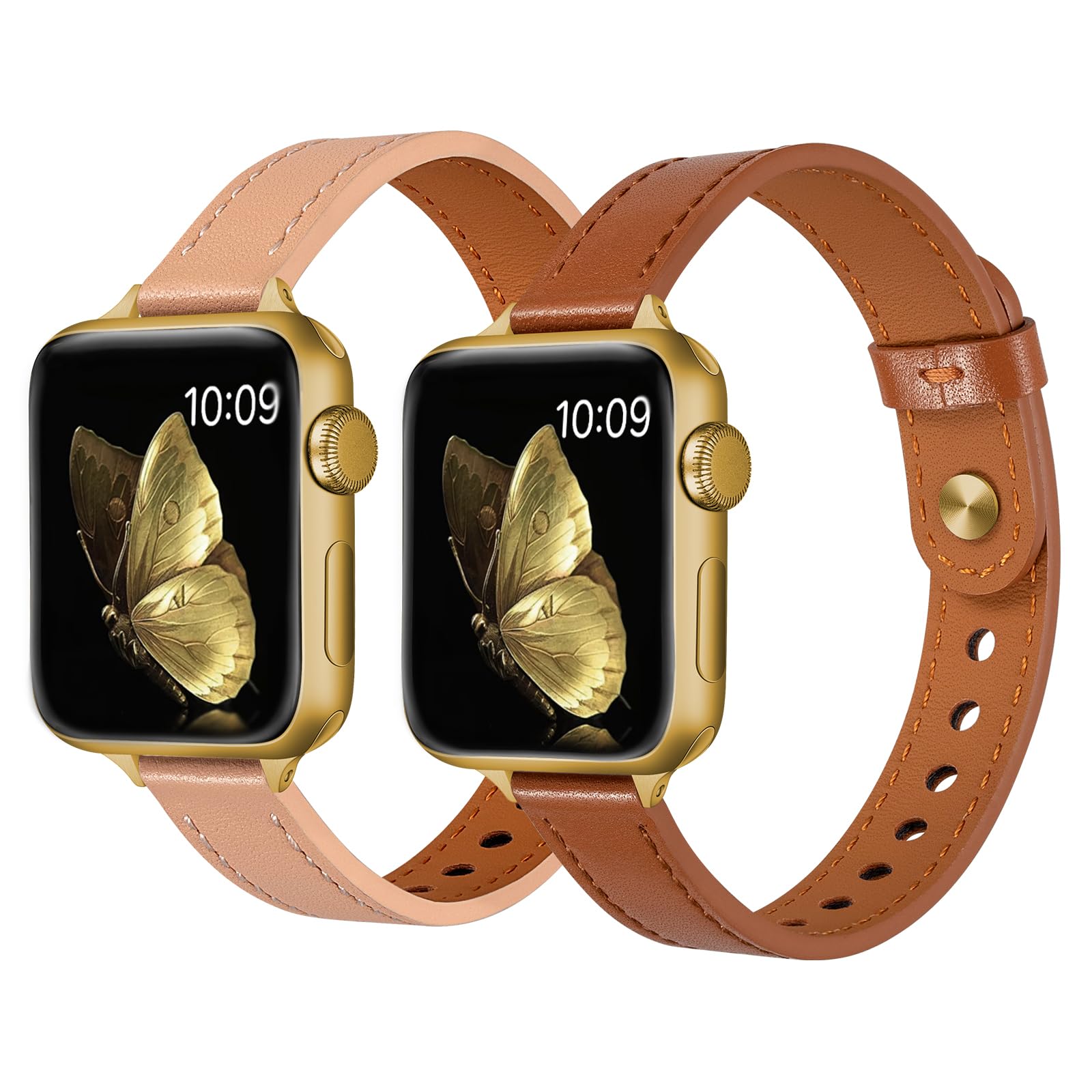 2 Pack Slim Leather Bands Compatible with Apple Watch Band 46mm 45mm 44mm 42nn 41mm 40mm 38mm, Women Top Grain Genuine Leather Band Replacement Thin