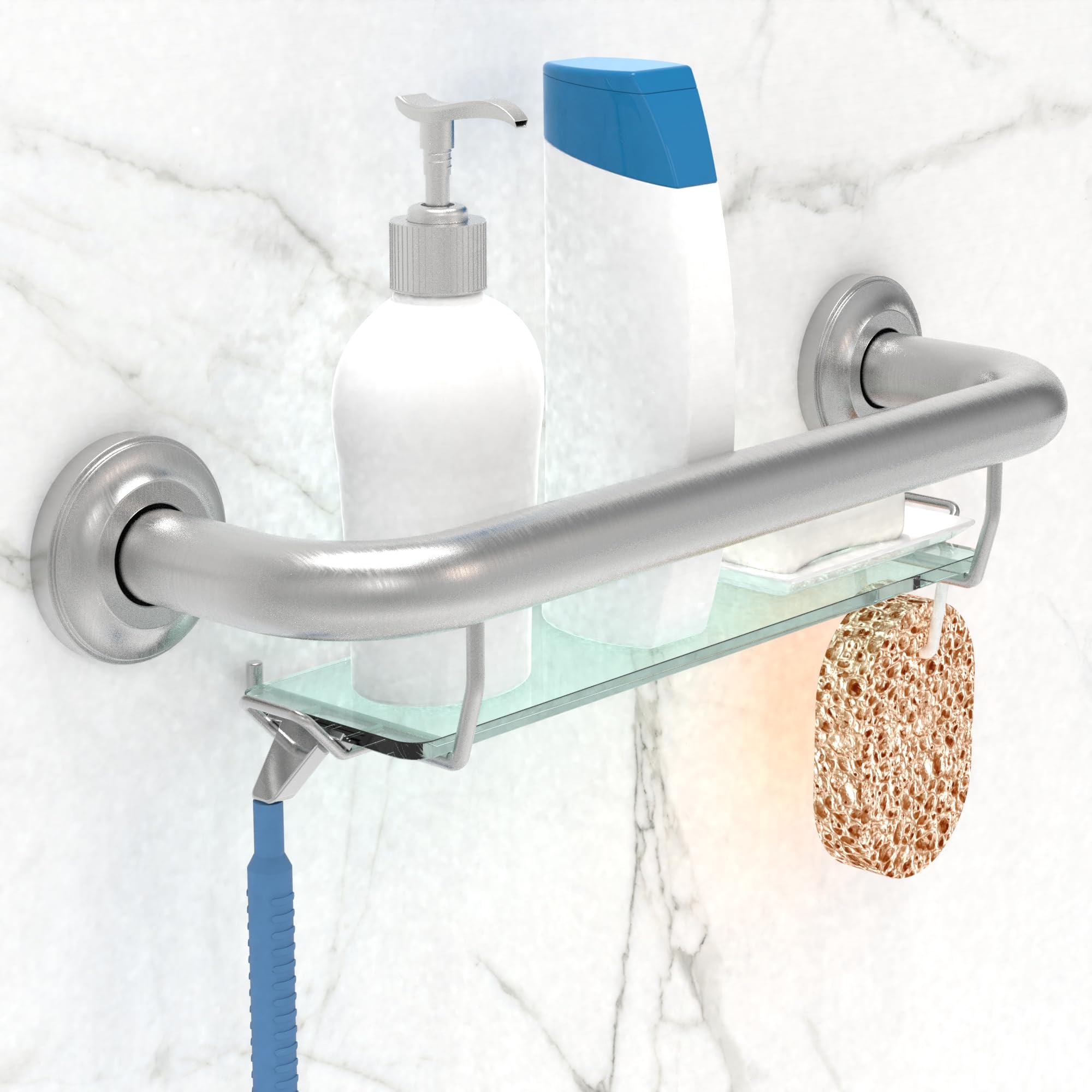 ADA Compliant Grab Bar with Glass Shelf for Shower Wall and Bathtubs, 500lbs Weight Support, 1-1/4 x 16 inch for Stud Mount, Brushed Nickel