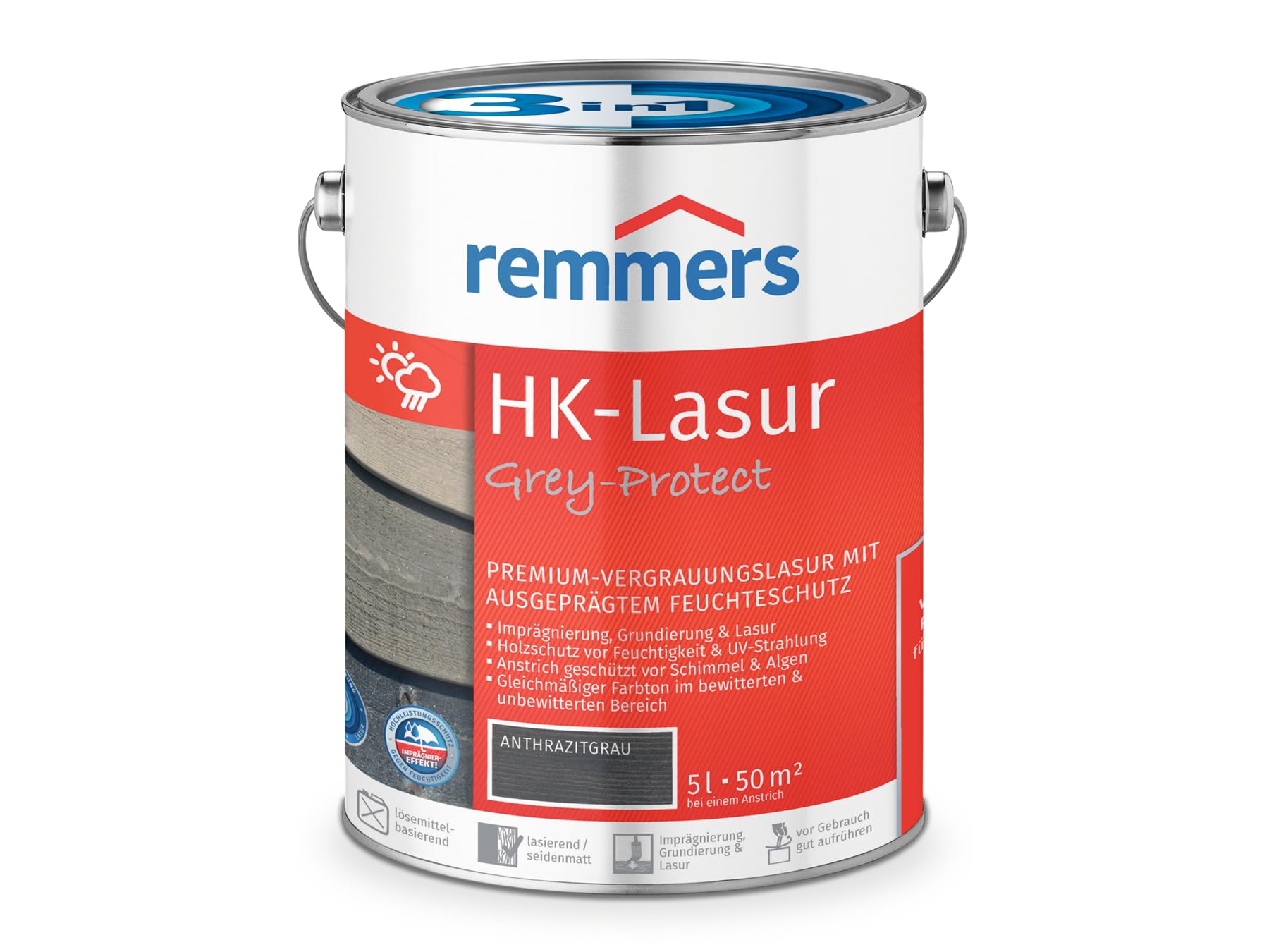 Remmers HK-Lasur 3in1 Grey-Protect anthrazitgrau, 5 Liter, Holzlasur für Vergrauung außen, 3 Holzschutz Produkte in einem, Feuchtigkeit- und UV-Schutz