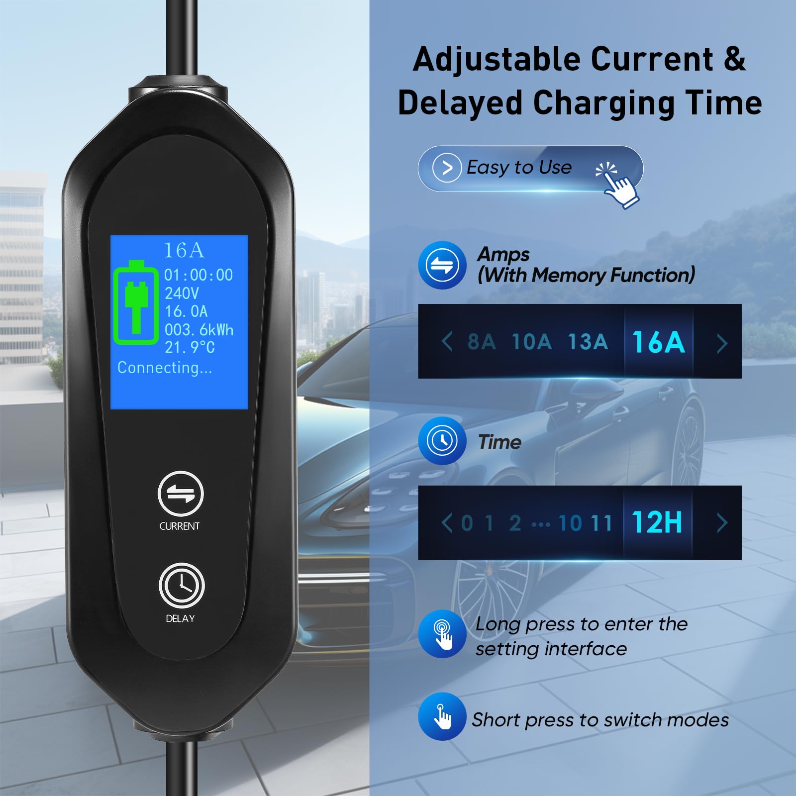 Yigowyigo Chargeur Voiture Électrique 3.68kW Type 2 - Cable 6m Réglable 6-16A Avec Écran
