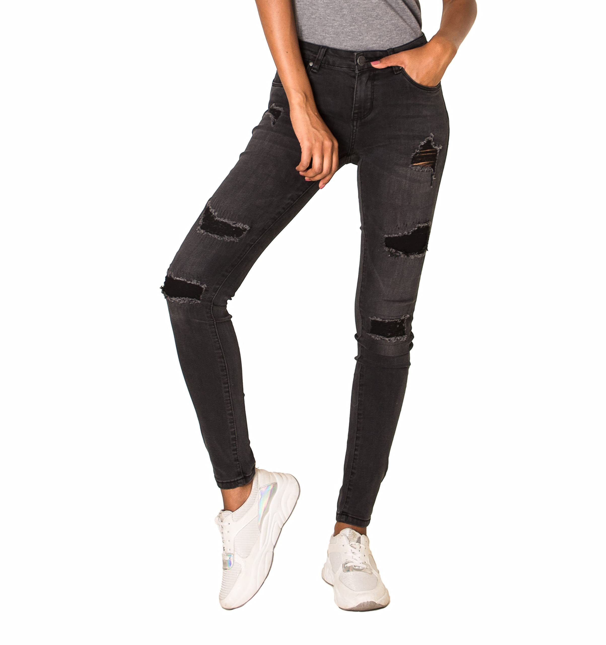 Nina Carter P100 Damen Skinny Fit Low Waist Jeanshosen mit Destroyed-Effekten Used-Look Jeans Waschungseffekt