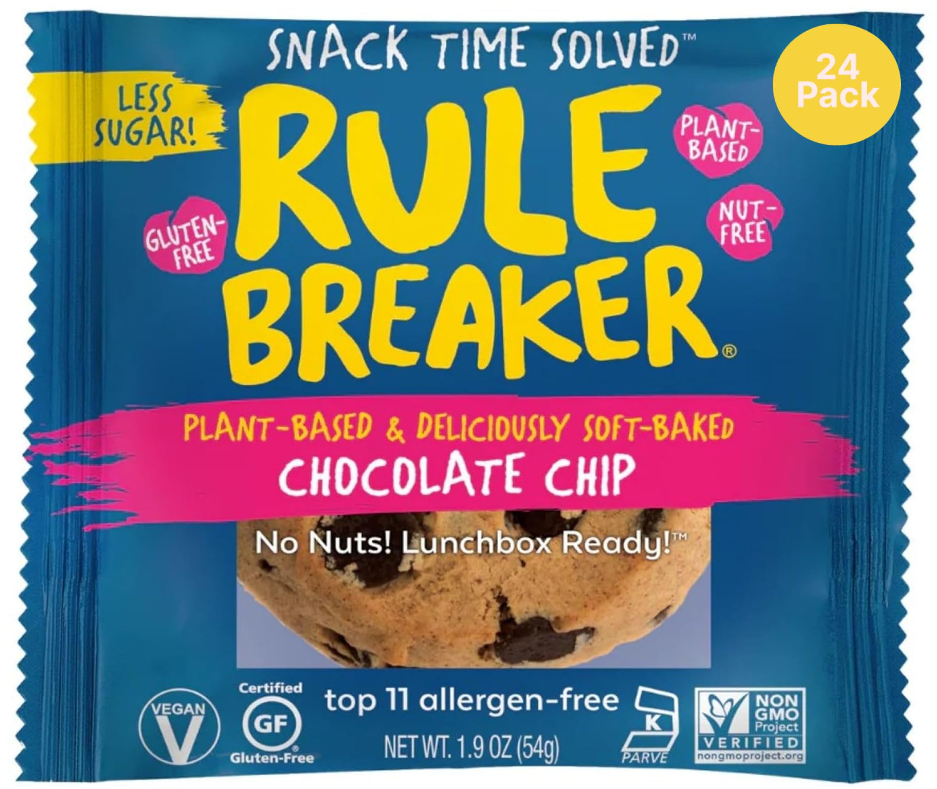 Rule Breaker Vegan & Gluten Free Cookies | Chocolate Chip | Plant-Based, Dairy, Nut, Soy, Allergen Free | Soft-Baked, Great School Snacks for Kids & Adults, Individually Wrapped (Pack of 24)