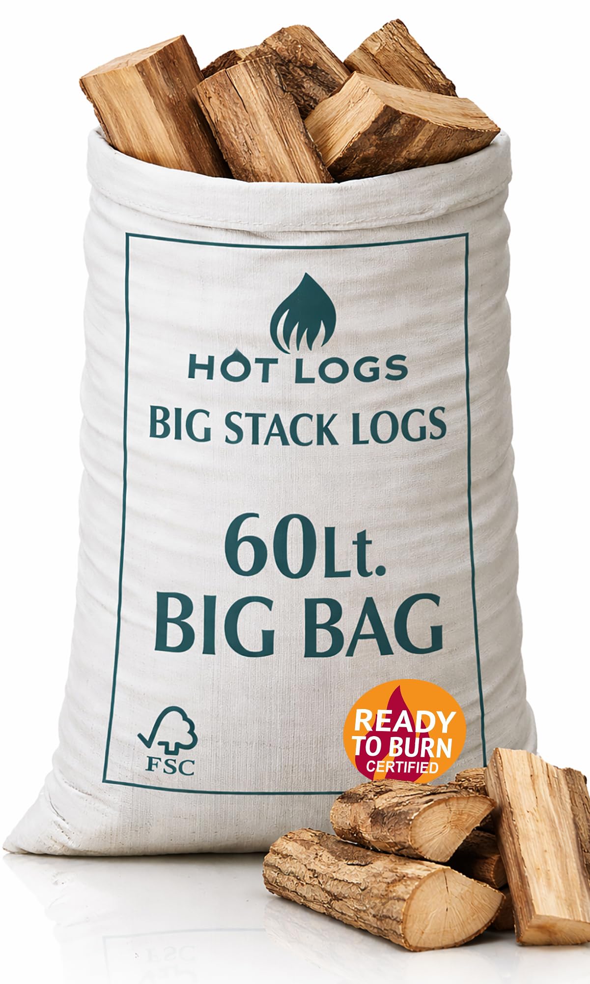 60L HARDWOOD LOGS Hotlogs Big White Bumper Bag Premium Kiln-Dried Wood โ (60 Litre) - Ideal for Open fires, Fire Burning Stoves, BBQ's, Log Burners, Camping Fires, Fire Pits & Pizza Ovens.