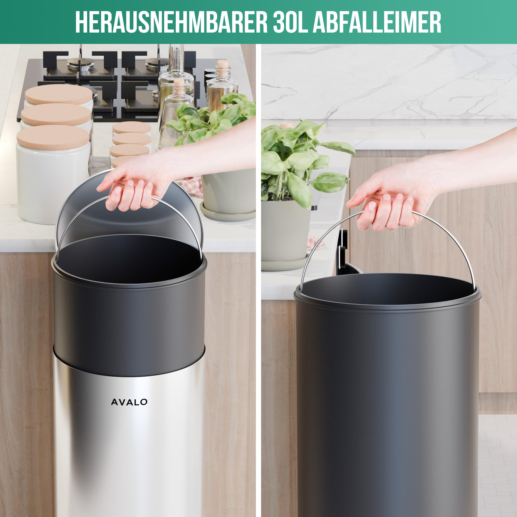 Avalo Treteimer 30L - Edelstahl Silber - Soft Close - Abfalleimer 30 Liter - Mülleimer 30 Liter
