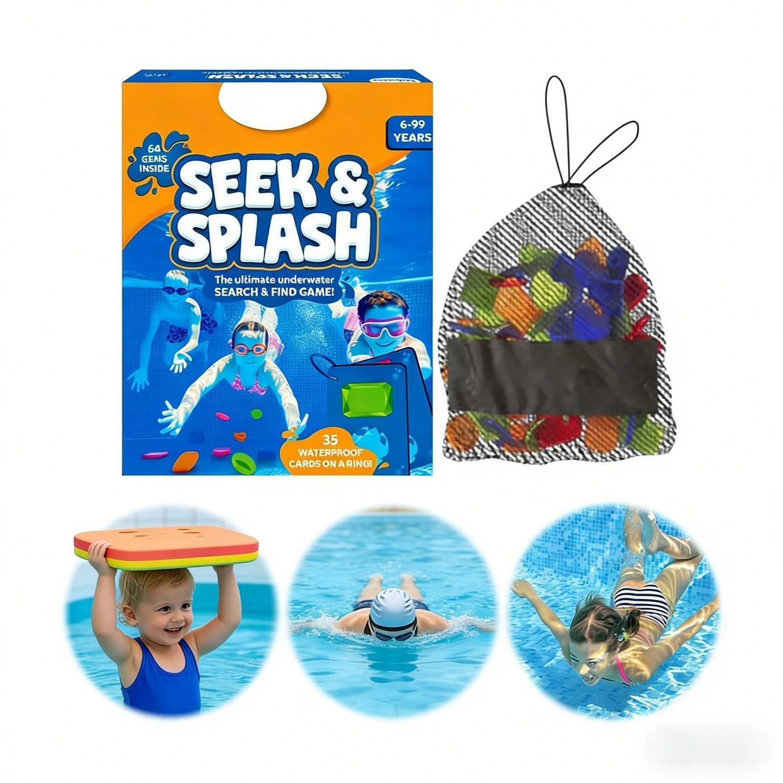 Pool‑Spielzeug für Kinder, Unterwasser‑Suchspiel‑Set mit 64 Edelsteinen & 35 wasserdichten Karten, Tauchringe, praktisches Tauchspielzeug mit Netzbeutel, spannende Sommer‑Wasserspiele für den Pool