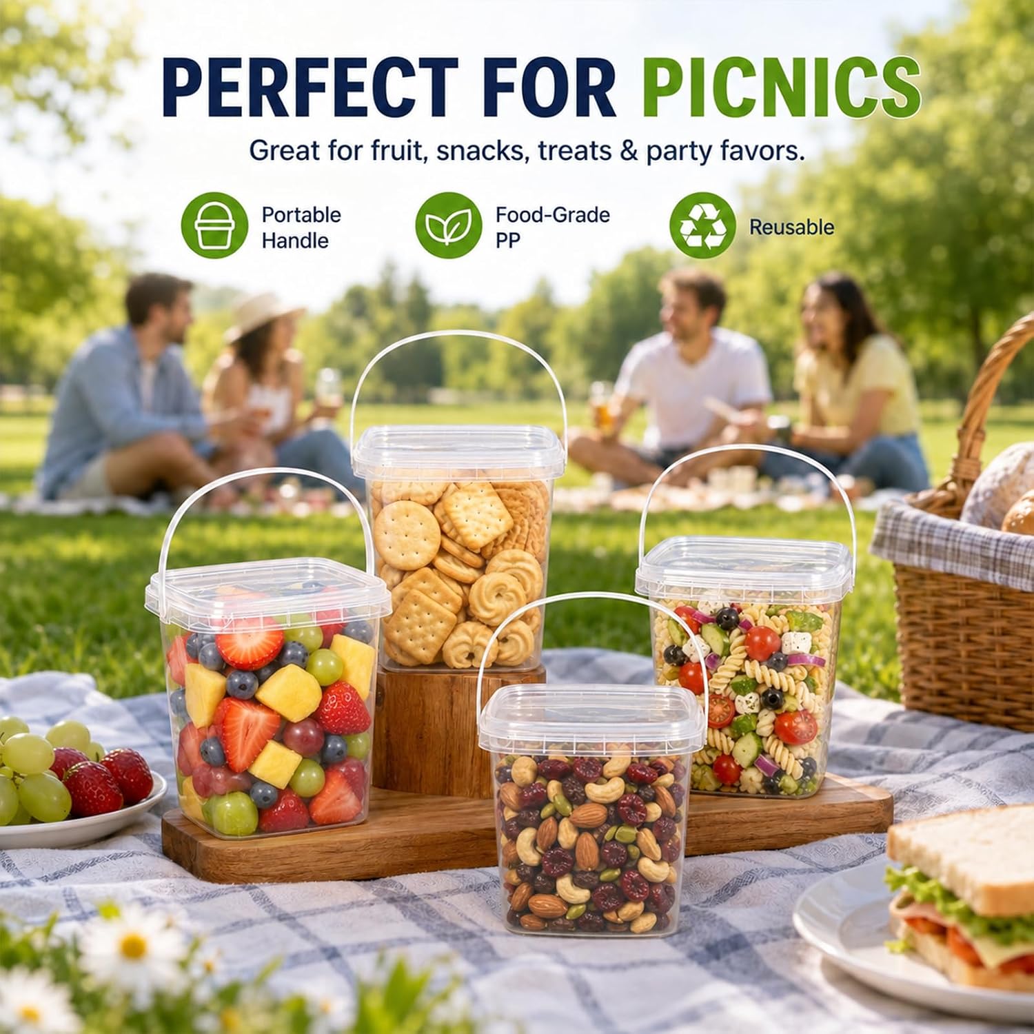 METAPACK 33.8 fl oz/1 L Square Food Storage Container with Lid and Handle. Stackable Containers for Candy, Desserts, Party Favors, Kitchen Organization and Portable Food Storage (20 Pack) image 5