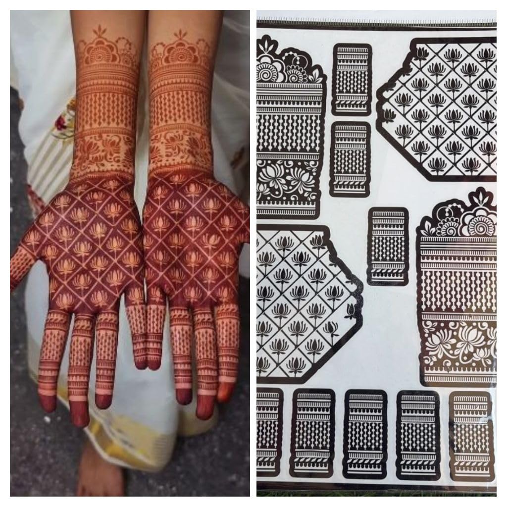 Henna Mehndi Stencil Sticker, New Model, Bridal Lotus and Floral Design, Reusable Hand Art Template-image-19