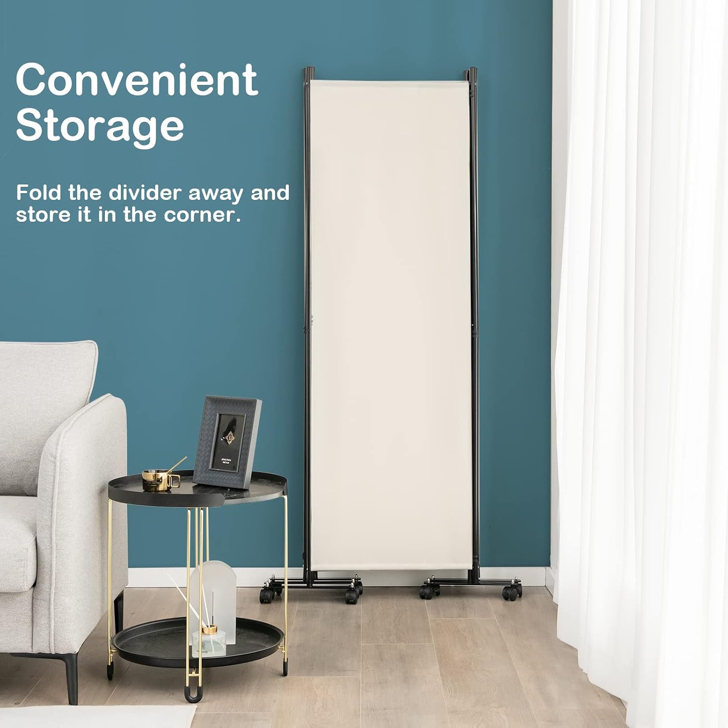 LDAILY 4 Panels Folding Room Divider, 6FT Tall Fabric Privacy Screen w/Metal Frame, Freestanding Partition Wall Divider w/Rolling Wheels for Bedroom, Dining Room, Office, Hospital (White, 4-Panel)