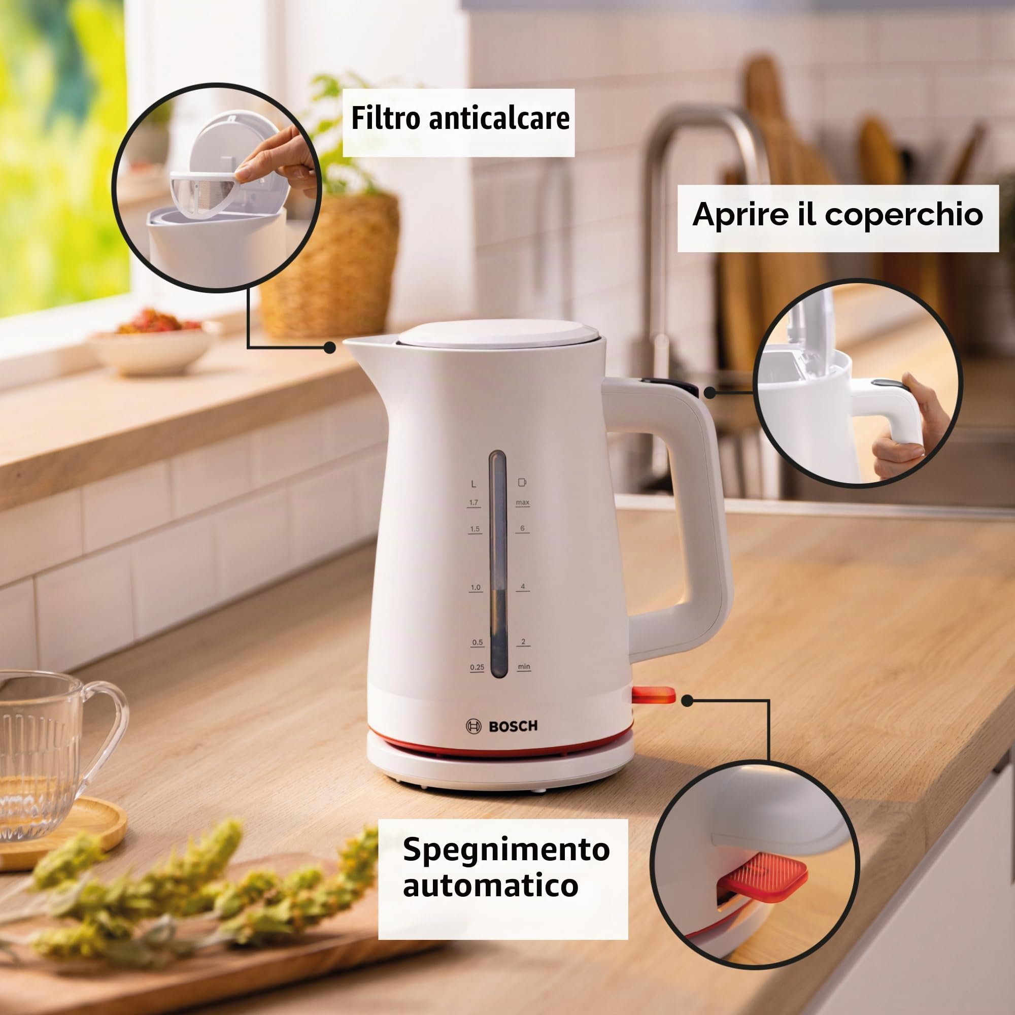 Bosch TWK3M121 Bollitore, Capacità 1.7 L, Filtro Anticalcare, Bianco | Bollitore, Riscaldamento Rapido, Filtro Removibile, Indicatore Livello Acqua, Spegnimento automatico, Facile da Pulire