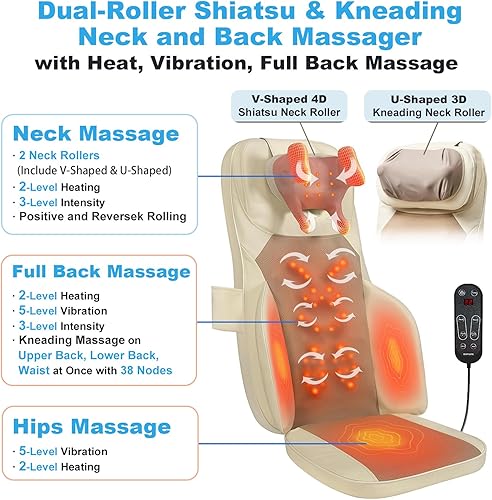 Miniatura 7 de Cojín de masaje Shiatsu con calor para cuello y espalda, amasado 4D, vibración y diseño de doble cuello, intensidad y altura ajustables, ayuda con