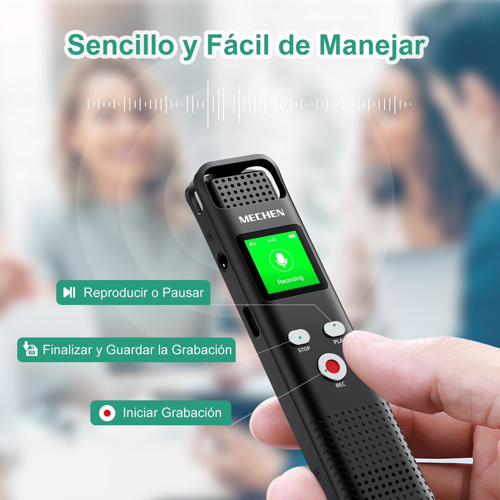 MECHEN 64GB Grabadora de Voz Digital, 1536 kbps con Reproductor de MP3, Calidad de Sonido HD, Reducción de Ruido, Grabación Activada por Voz, Función de Grabación para Conferencias y Ponencias (V02)