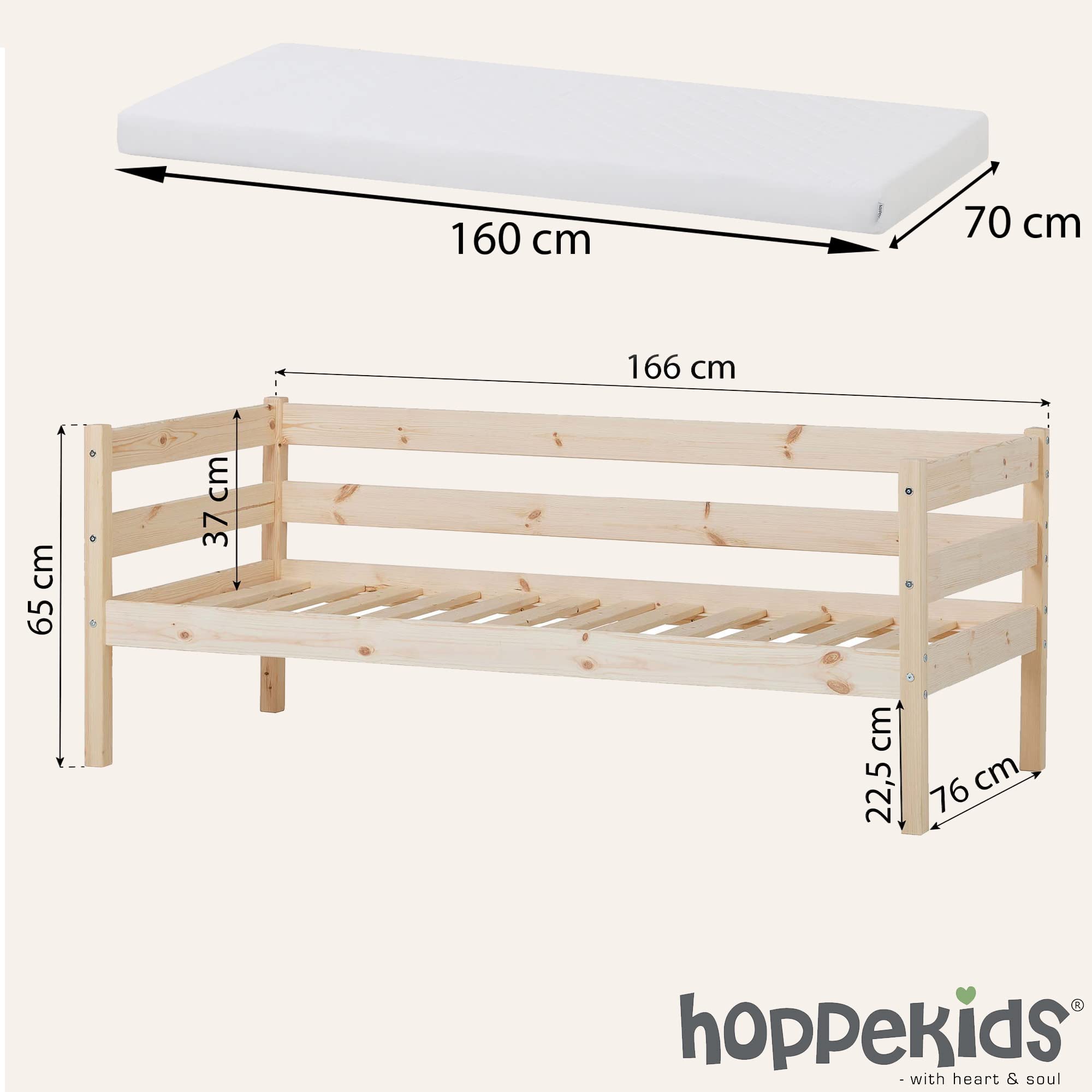 Hoppekids ECO Comfort Lit Enfant avec sommier à Lattes 70x160 Fabriqué à partir de pin Massif Bois Naturel