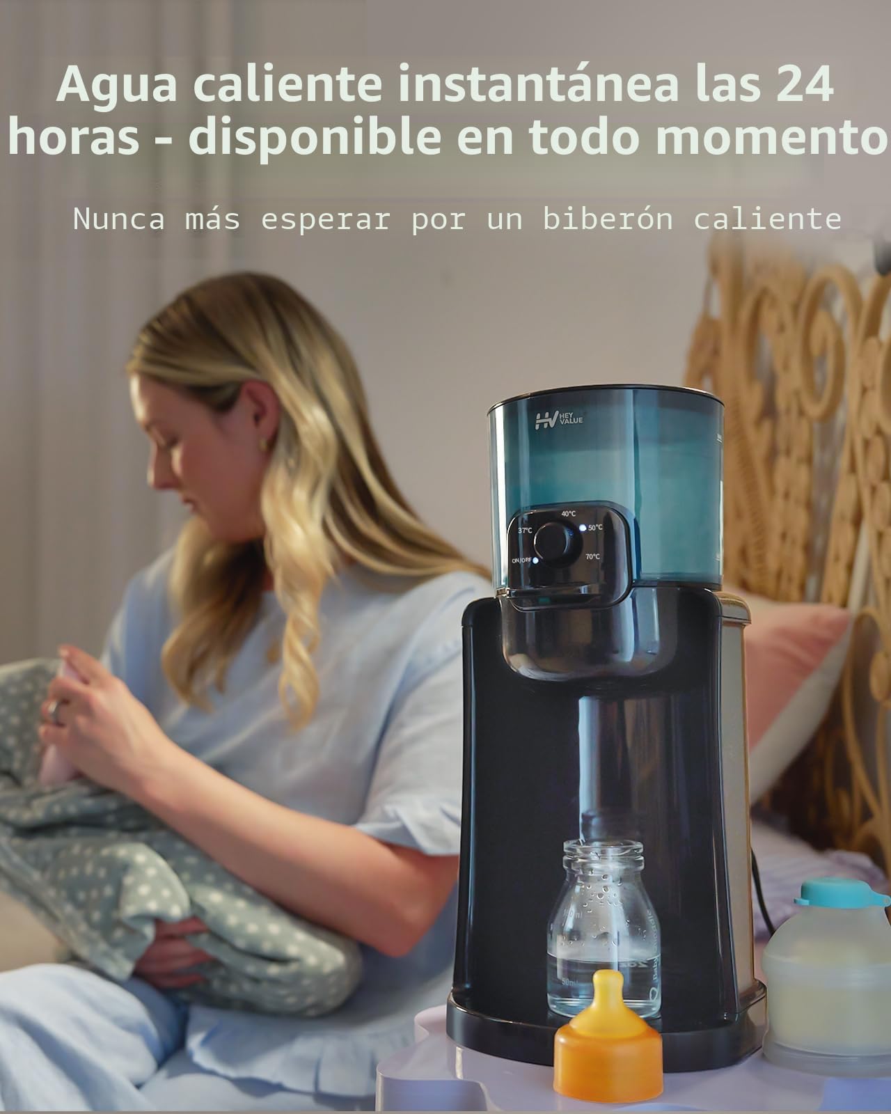 HEYVALUE Preparador de Biberones Instantáneo, Calentador de Agua para Leche de Fórmula, Listo en 25s 4 Temperaturas (37-70°C) Termostato 72H, Dispensador de Agua para Bebés sin BPA, Luz Nocturna Negro