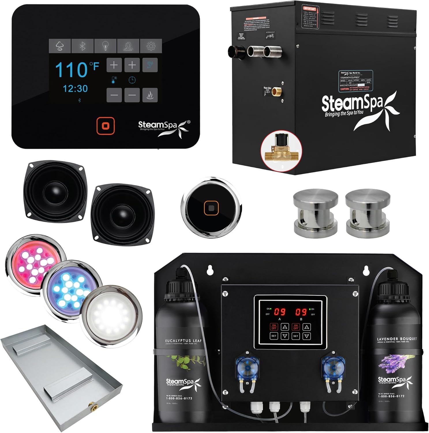 SteamSpa Steam Shower Generator Kit | Brushed Nickel + Auto Drain Combo|Dual Bottle Aroma Oil Pump | Steam Sauna Spa Stall Package|Touch Screen Wifi App/BT Control Panel |12 kW Raven | RVB1200BN-ADP