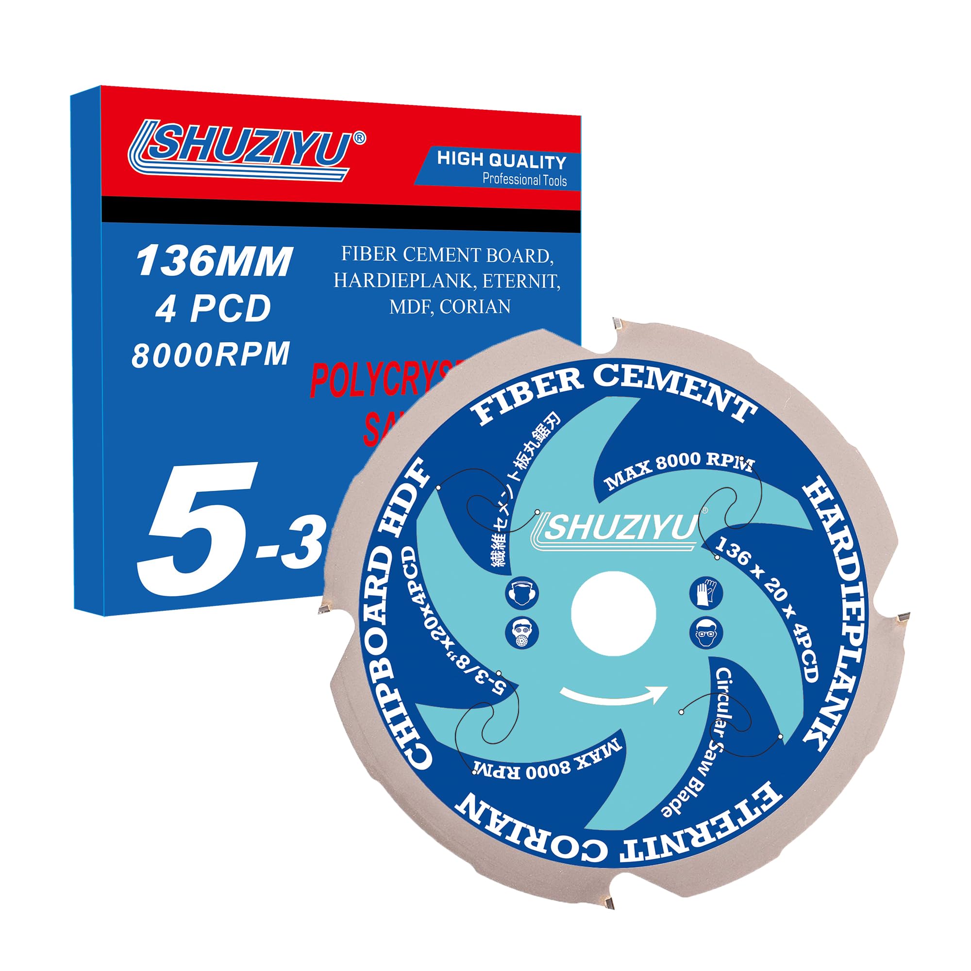 LSHUZIYU 5-3/8"(136mm)-4PCD, Arbor 20mm with 5/8" Washer, Polycrystalline Diamond Tipped 4 PCD, Hardie Blade, Fiber Cement Circular Saw Blade